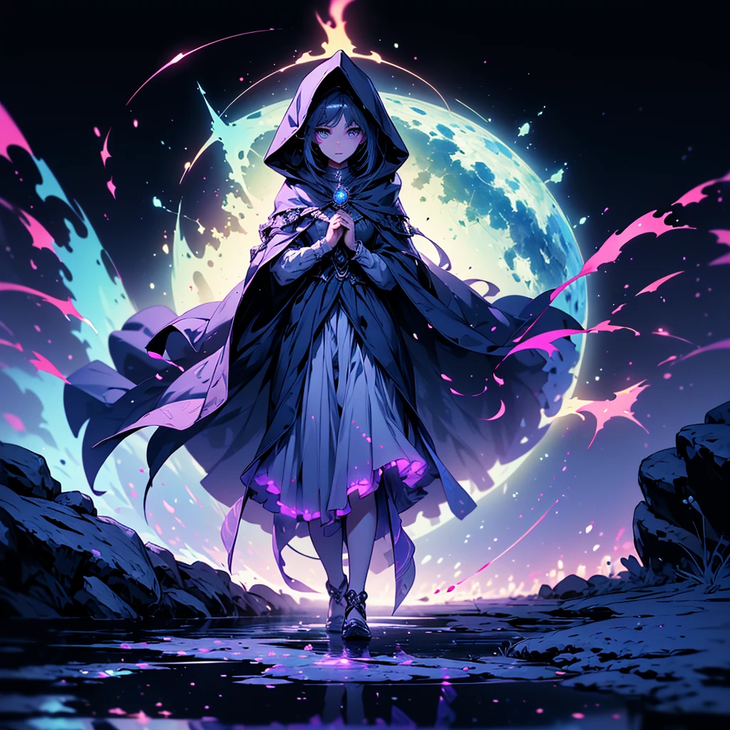 (((masterpiece, best quality, 8k))) full-body shot of a hooded girl with a perfect face, standing on a reflective ground. She is holding a source of blue and purple light energy, with many particles surrounding her. The environment is dark and misty, with the only source of light coming from the energy and particles, all glowing in blue and purple tones. The atmosphere is mysterious and otherworldly, with a misty haze drifting around her feet. Her face is partially obscured by the hood, and her eyes are focused intently on the luminous orb in her hands, astronomy back ground