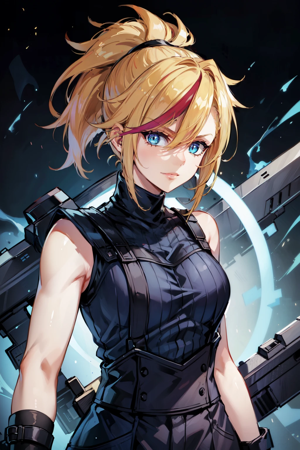 (masterpiece, best quality:1.2), Blue  glowing eyes, perfect face, highres, 1 girl, solo, ultra long ponytail, (female:1.5), strife, blonde hair, shoulder armor, sleeveless turtleneck, suspenders, belt, gloves, bracer, evil smile, standing, portrait, looking at viewer, giant sword on the back