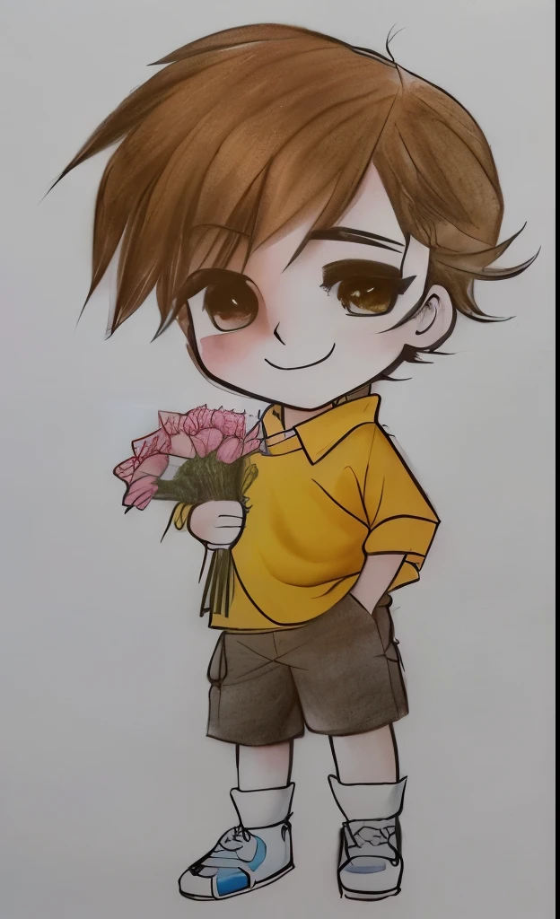 Drawing of a boy with a flower in his hand, com flores, inspirado em Inoue Naohisa, arte tradicional, garoto fofo, arte chibi, personagem fofo, desenho fofo, arte iniciante, fofo de desenho animado, por Oka Yasutomo, em estilo cartoon, powder Nándor Katona, arte fofa, personagem de desenho animado fofo, retrato fofo