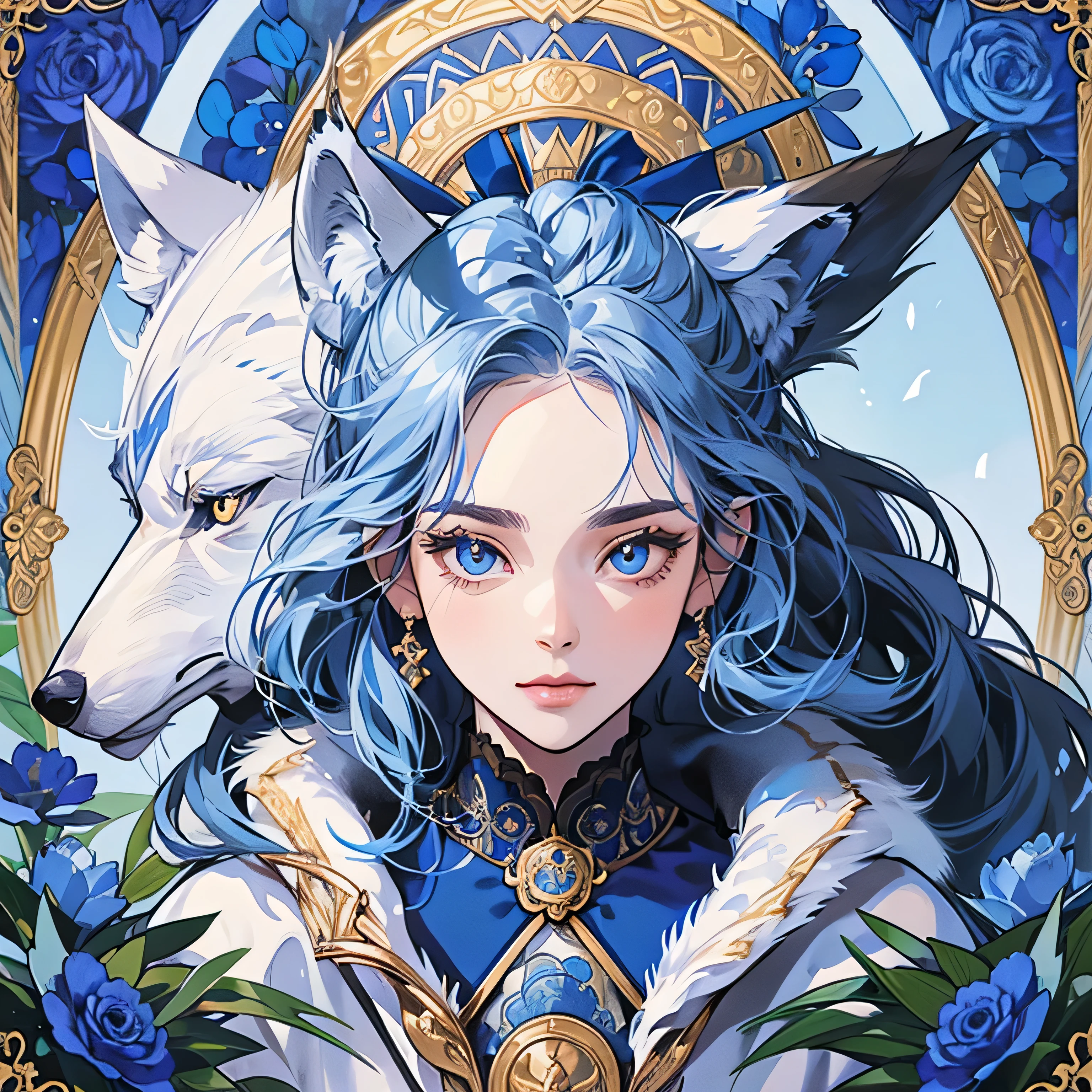 Best quality, 1 wolf, logo, background white only, emblem, 14k, intricate and detailed, frame, blue, (((1 woman and wolf))), detailed fur, shining eyes, corporate logo, golden, panoramic, long shot, front, blue flowers, various angles