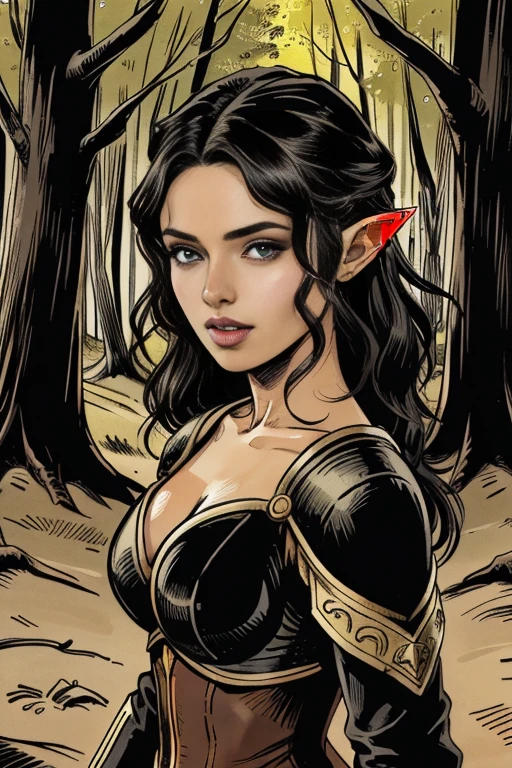 Elfo feminino,pequeno sorriso,lguerreira elfa,guerreira elfa armadura de batalha, (((Obra de arte))), (((melhor qualidade))), ((ultra-detalhado)), (illustration), ((extremamente delicado) e lindo)),(Bokeh, fundo desfocado),(melhor sombra), 1 elf female,calcinha branca, cabelo preto, cabelo longo,orelhas pontudas, kawaii,bonitinho,mudar, brilho Destaque Spot nos olhos, foco do personagem,Tilt your head,