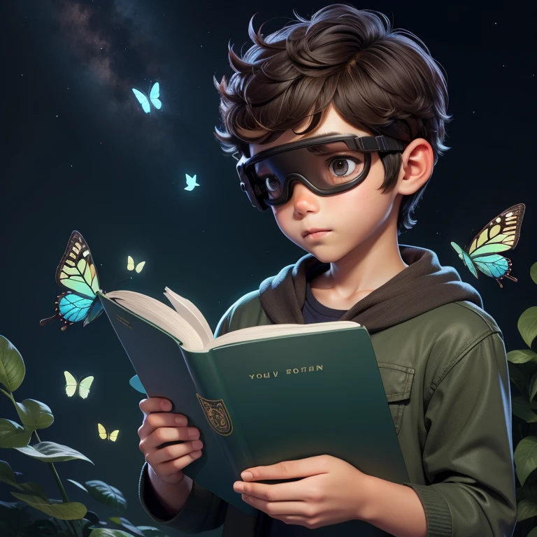 Cute boy with brown skin, short hair, reading magic book, night vision goggles, butterflies flying