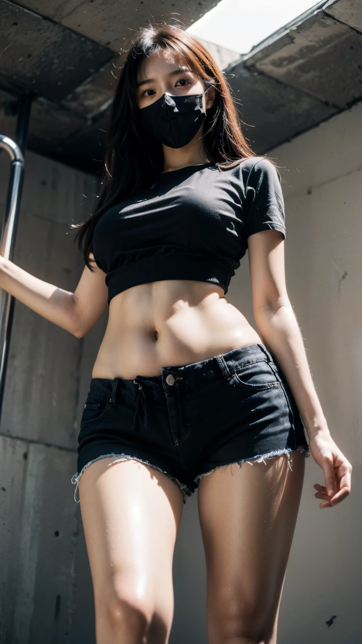 best quality, masterpiece, high resolution, 8K, (Practical: 1.4), Ultra high resolution, 1 girl, Super detailed, 超Reality主义, Highly detailed CG illustrations, Official Art, light, Reality, young beautiful girl, Perfect body, Perfect body, full view, Perfect body, (start from below: 1.3), mask, posture, Sexy long legs, confident, Beautiful and sexy, Grey short sleeves, open belly, Black Super Shorts, S-Shaped Body, Upturned buttocks, Assumptions, 摆posture, Different perspectives