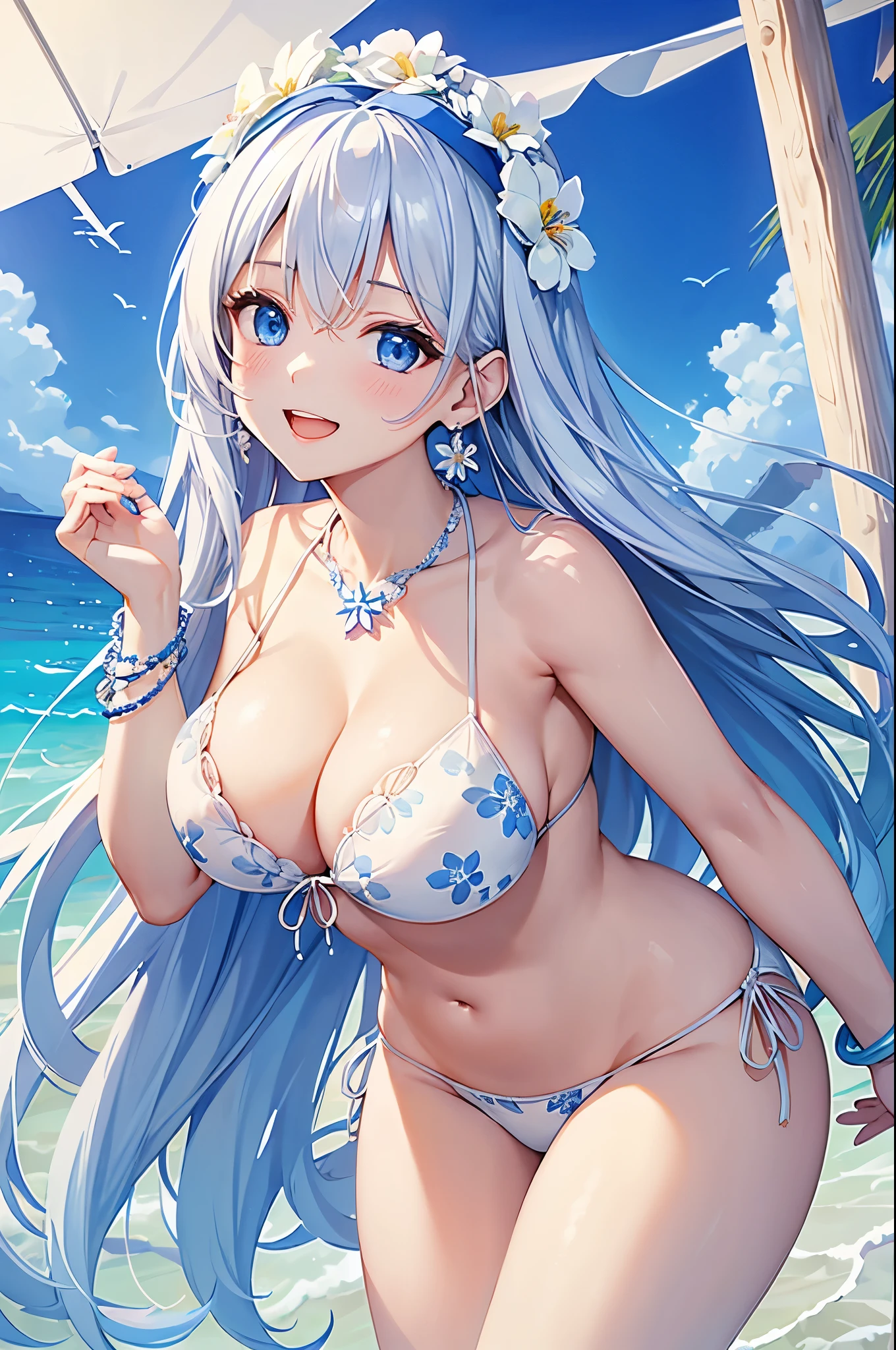 highest quality、highest quality、masterpiece、beautiful girl、Navy blue long hair、blue eyes、(Sexy white floral bikini:1.3)、Big cleavage、(Big Breasts)、smile、blue necklace、Blue Earrings、background(Beach)、Please open your mouth wide、White headband、bracelet、Dynamic pose