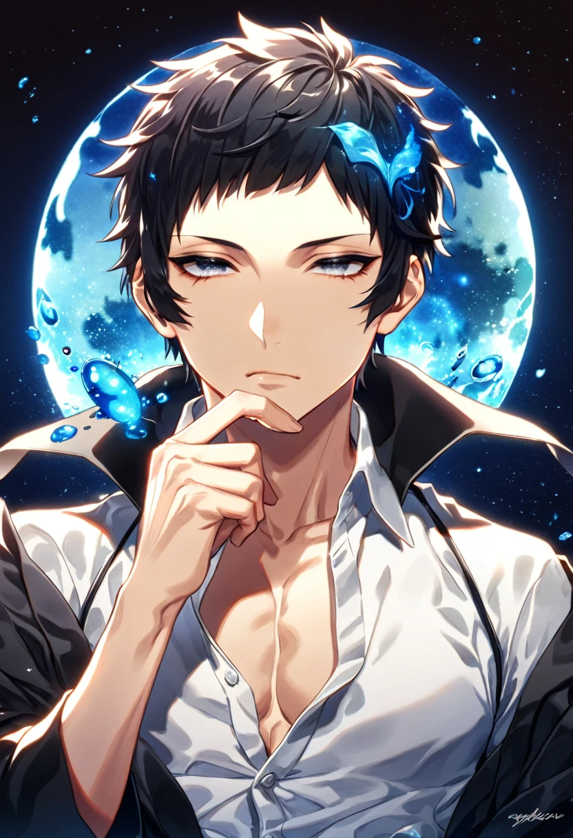 absurdres, highres, ultra detailed, HDR, master piece, best quality, Akutagawa Ryunosuke, choppy black hair, side bangs that reach his chin, white at the tips, short bangs, expressive gray eyes, Bungou Stray Dogs, solo, sexy man, handsome, toned chest, black coat, white shirt, magical, fantasy, water, blue moon, starry, blue fireflies, blue flowers