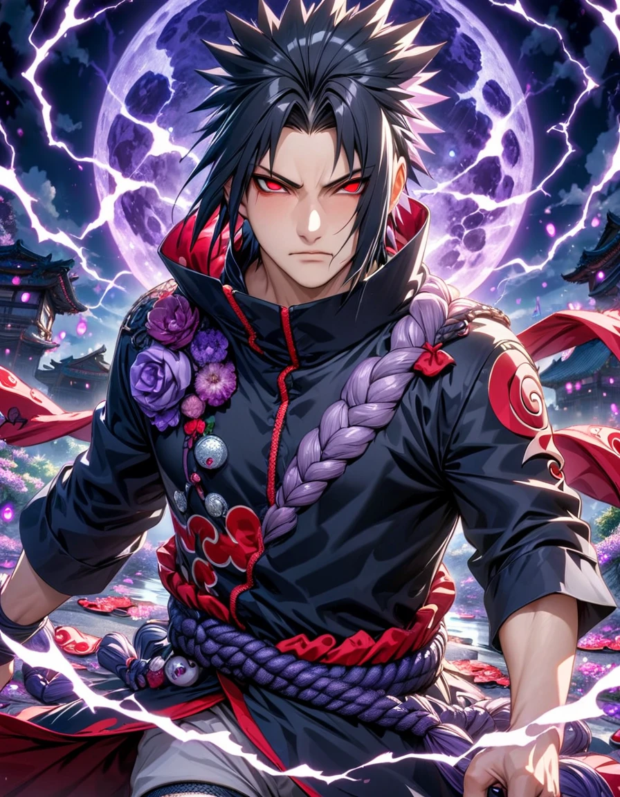 Ultra detailed, highres, absurdres, HDR, master piece, Uchiha Sasuke, black hair, expressive red eyes (Sharingan), Naruto Shippuden, fantasy, petals, purple flowers, handsome, sexy man, solo, magic, purple fireflies, purple moon, best quality, extremely detailed face and eyes, purple lightning, black tunic (Akatsuki), chidori