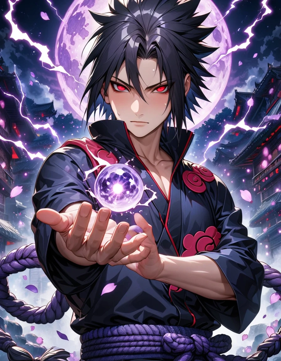 Ultra detailed, highres, absurdres, HDR, master piece, Uchiha Sasuke, black hair, expressive red eyes (Sharingan), Naruto Shippuden, fantasy, petals, purple flowers, handsome, sexy man, solo, magic, purple fireflies, purple moon, best quality, extremely detailed face and eyes, purple lightning, black tunic (Akatsuki), chidori
