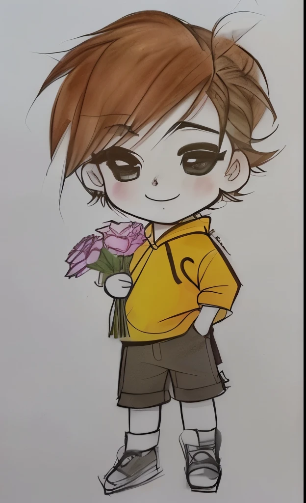 Drawing of a boy with a flower in his hand, com flores, inspirado em Inoue Naohisa, arte tradicional, garoto fofo, arte chibi, personagem fofo, desenho fofo, arte iniciante, fofo de desenho animado, por Oka Yasutomo, em estilo cartoon, powder Nándor Katona, arte fofa, personagem de desenho animado fofo, retrato fofo