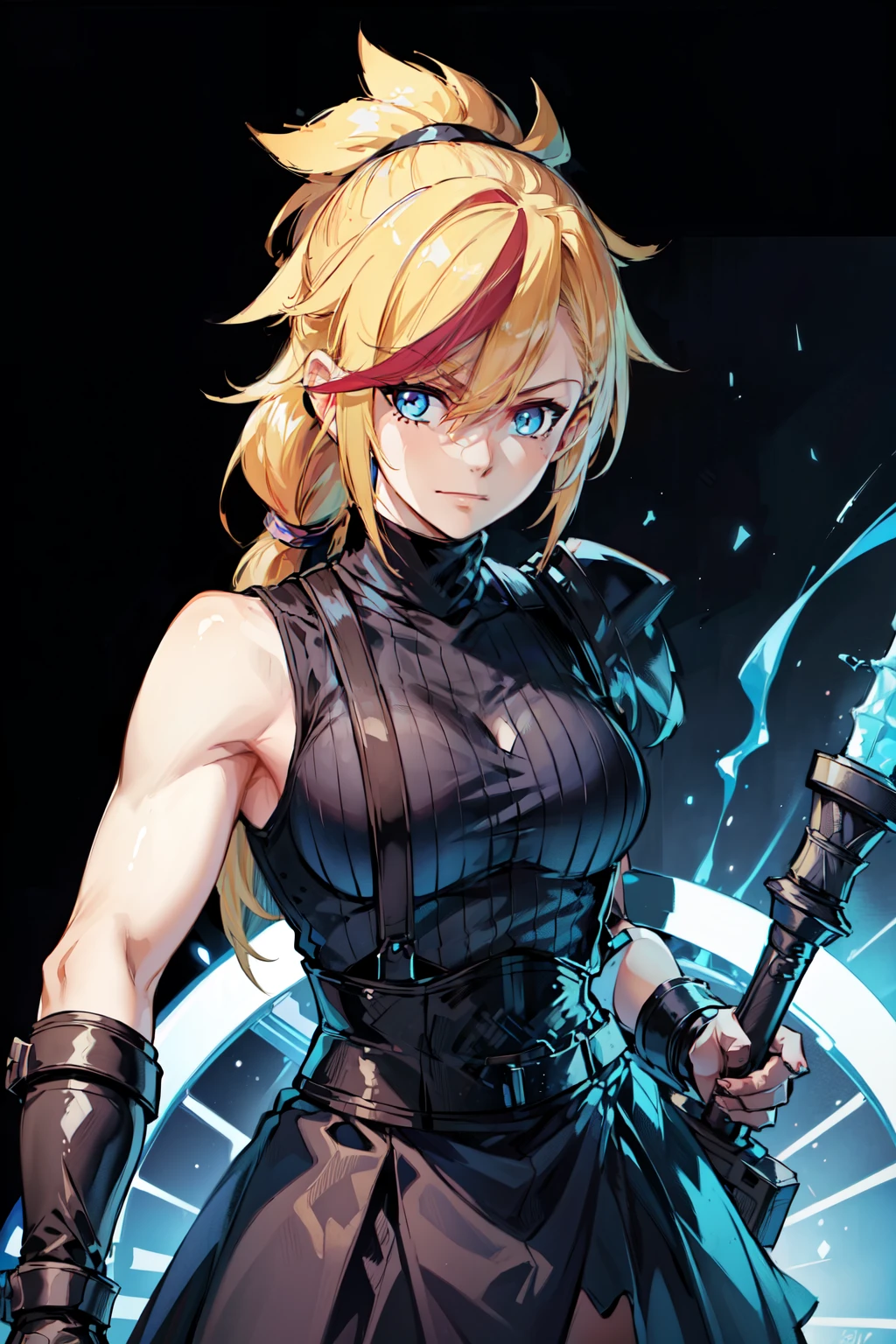 (masterpiece, best quality:1.2), Blue  glowing eyes, perfect face, highres, 1 girl, solo, ultra long ponytail, (female:1.5), strife, blonde hair, shoulder armor, sleeveless turtleneck, suspenders, belt, gloves, bracer, evil smile, standing, portrait, looking at viewer, giant sword on the back