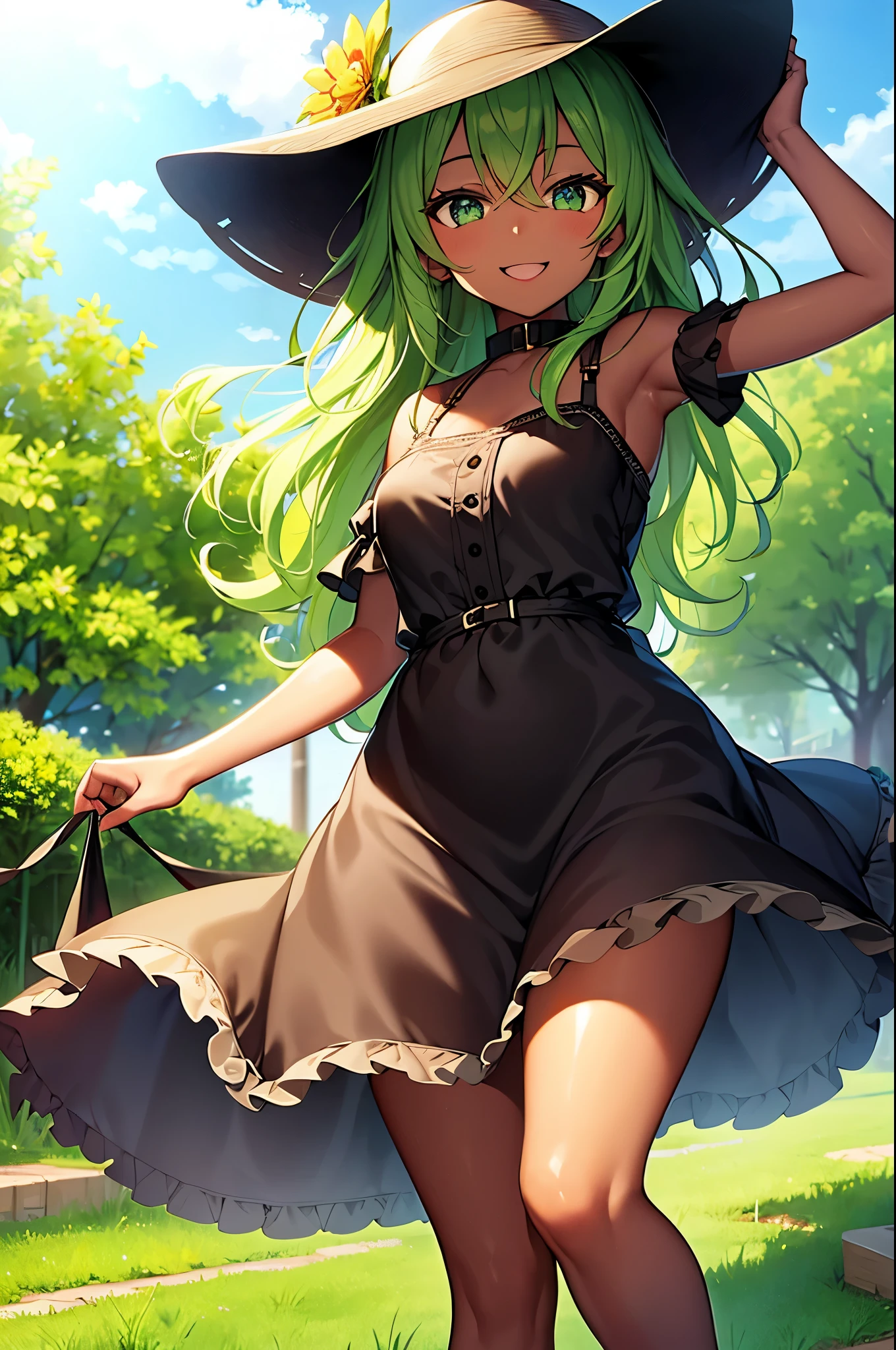 young black skin  girl with a wide smile and green eyes with a cute dress with a sun hat