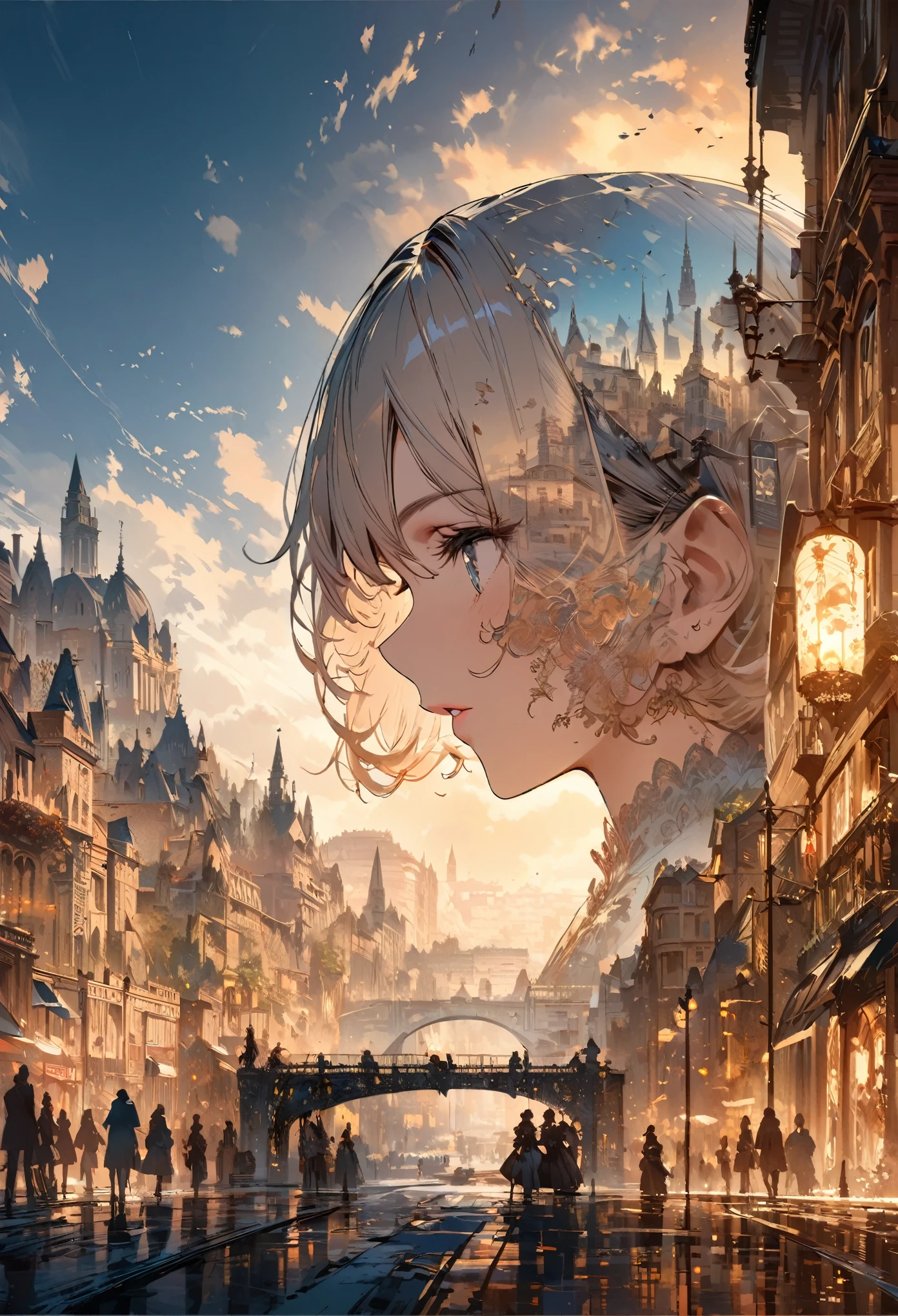    Double exposure of a beautiful and delicate lady(Face clear and perfect)Image，The backdrop is a hyper-detailed Victorian city perfect for, Beautifully, Intricate illustrations, art work concept art work masterpiece, best quality, Super detailed, HD