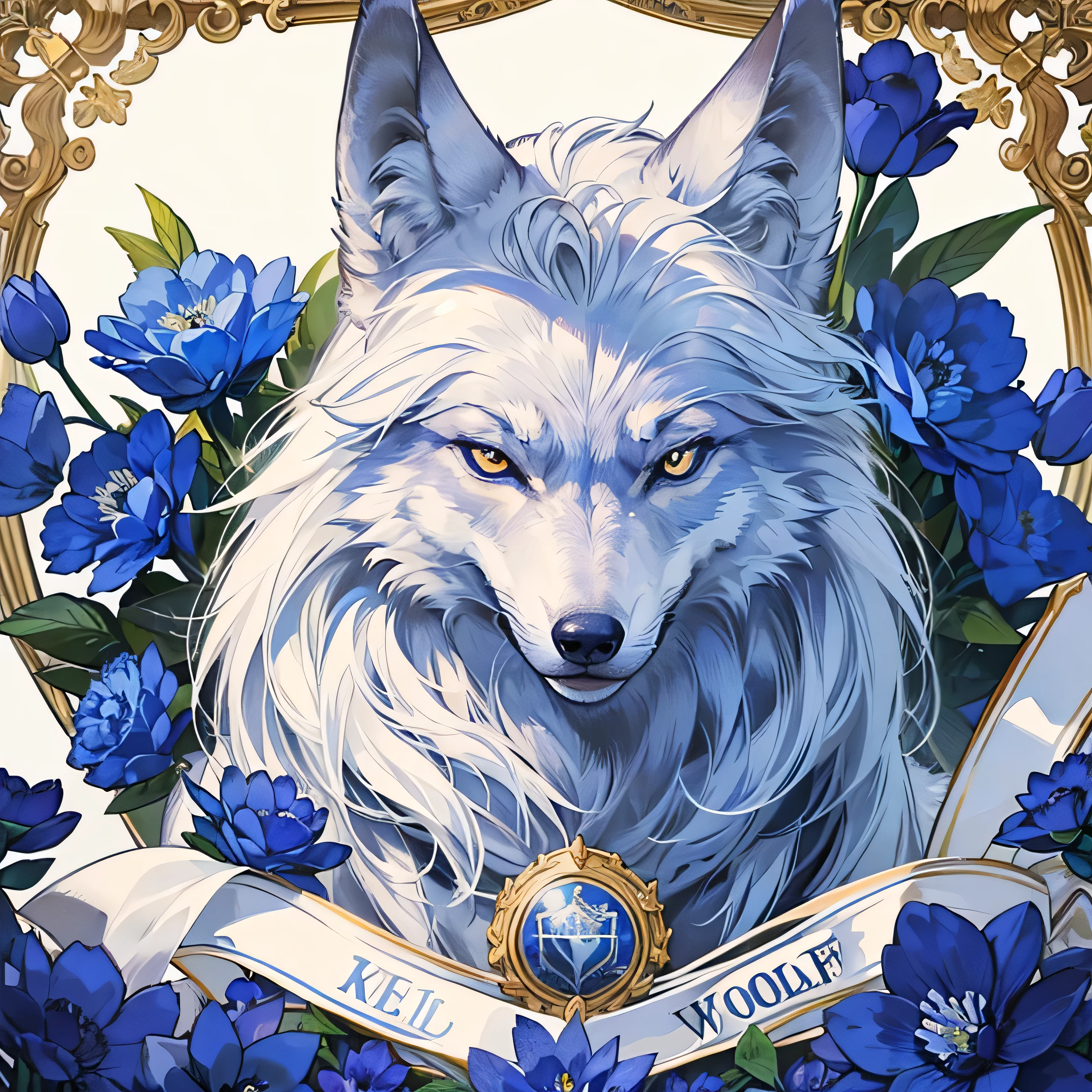 Top quality, top quality, (((one wolf))), logo, background white only, emblem, 14k, intricate and detailed, simple frame, blue, (((no human))), detailed fur, shining eyes, corporate logo, panoramic, long shot, front, blue flower