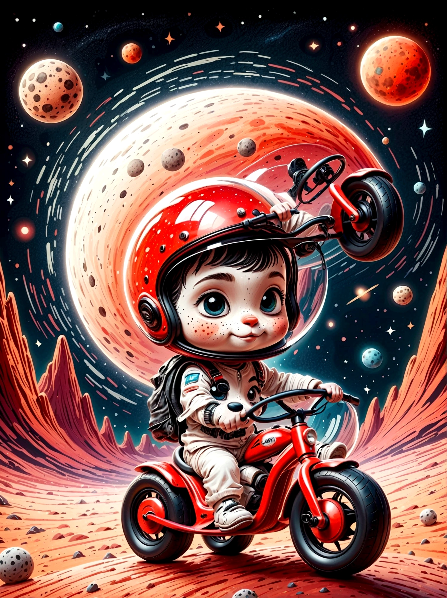 Visually impactful Q-version  image，The details are portrayed vividly, Wearing a black visor, Wearing a crisp white suit with red shoulder straps, The cute hero rides a children&#39;s tricycle with large grippy tires, Exploring the lunar surface, The background shows a stunning galaxy filled with stars and cosmic wonders, The color palette is in red, orange and black tones and has a sketchy style, The background should have a simple hand-drawn doodle pattern