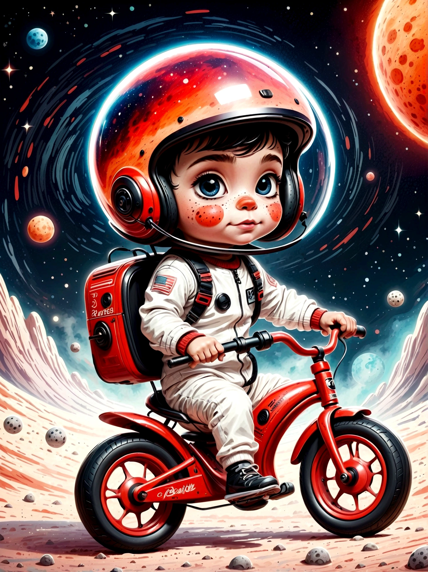Visually impactful Q-version baby image,The details are portrayed vividly, Wearing a black visor, Wearing a crisp white suit with red shoulder straps, The cute hero rides a children's tricycle with large grippy tires, Exploring the lunar surface, The background shows a stunning galaxy filled with stars and cosmic wonders, The color palette is in red, orange and black tones and has a sketchy style, The background should have a simple hand-drawn doodle pattern