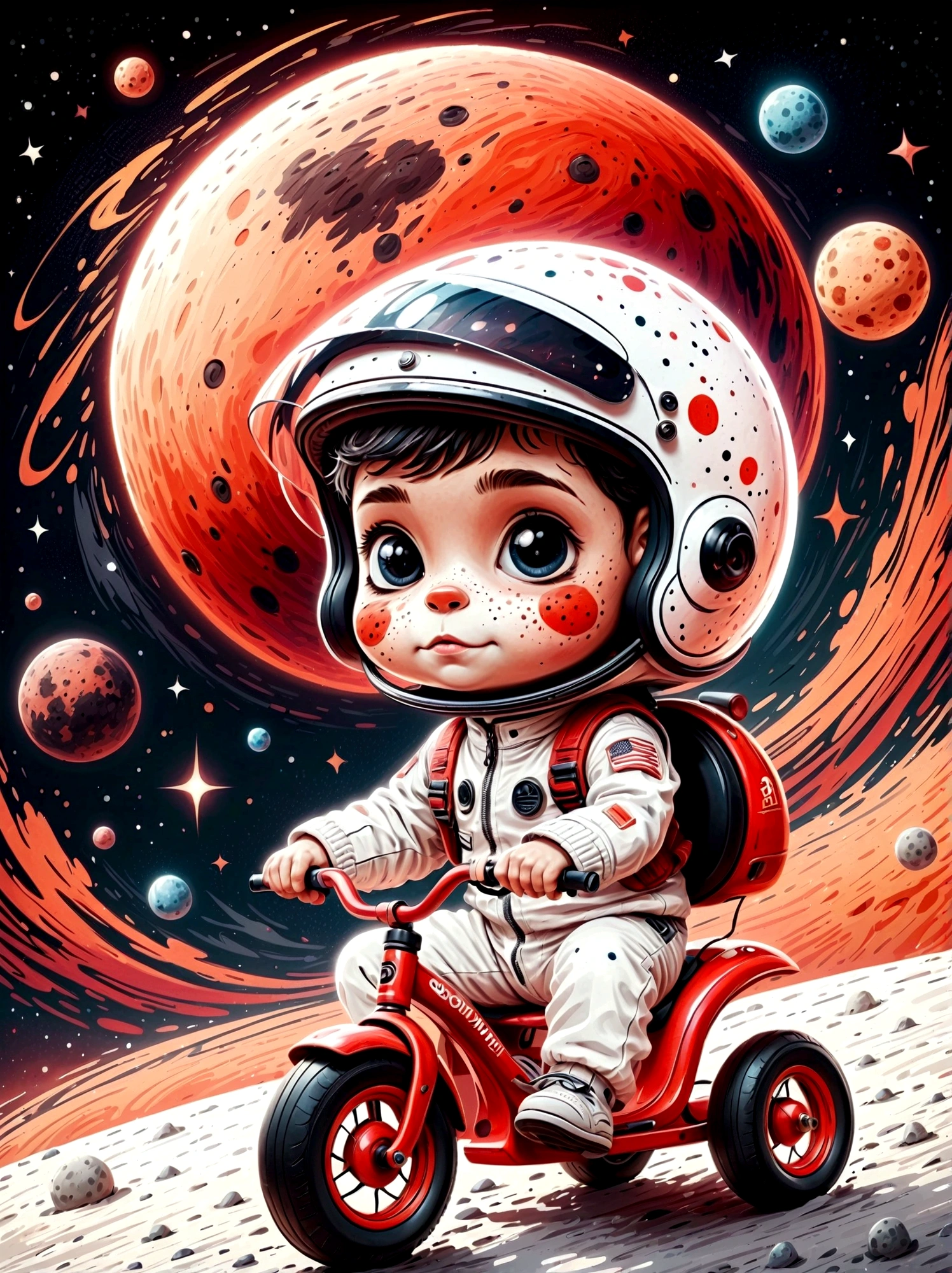Visually impactful Q-version baby image,The details are portrayed vividly, Wearing a black visor, Wearing a crisp white suit with red shoulder straps, The cute hero rides a children's tricycle with large grippy tires, Exploring the lunar surface, The background shows a stunning galaxy filled with stars and cosmic wonders, The color palette is in red, orange and black tones and has a sketchy style, The background should have a simple hand-drawn doodle pattern