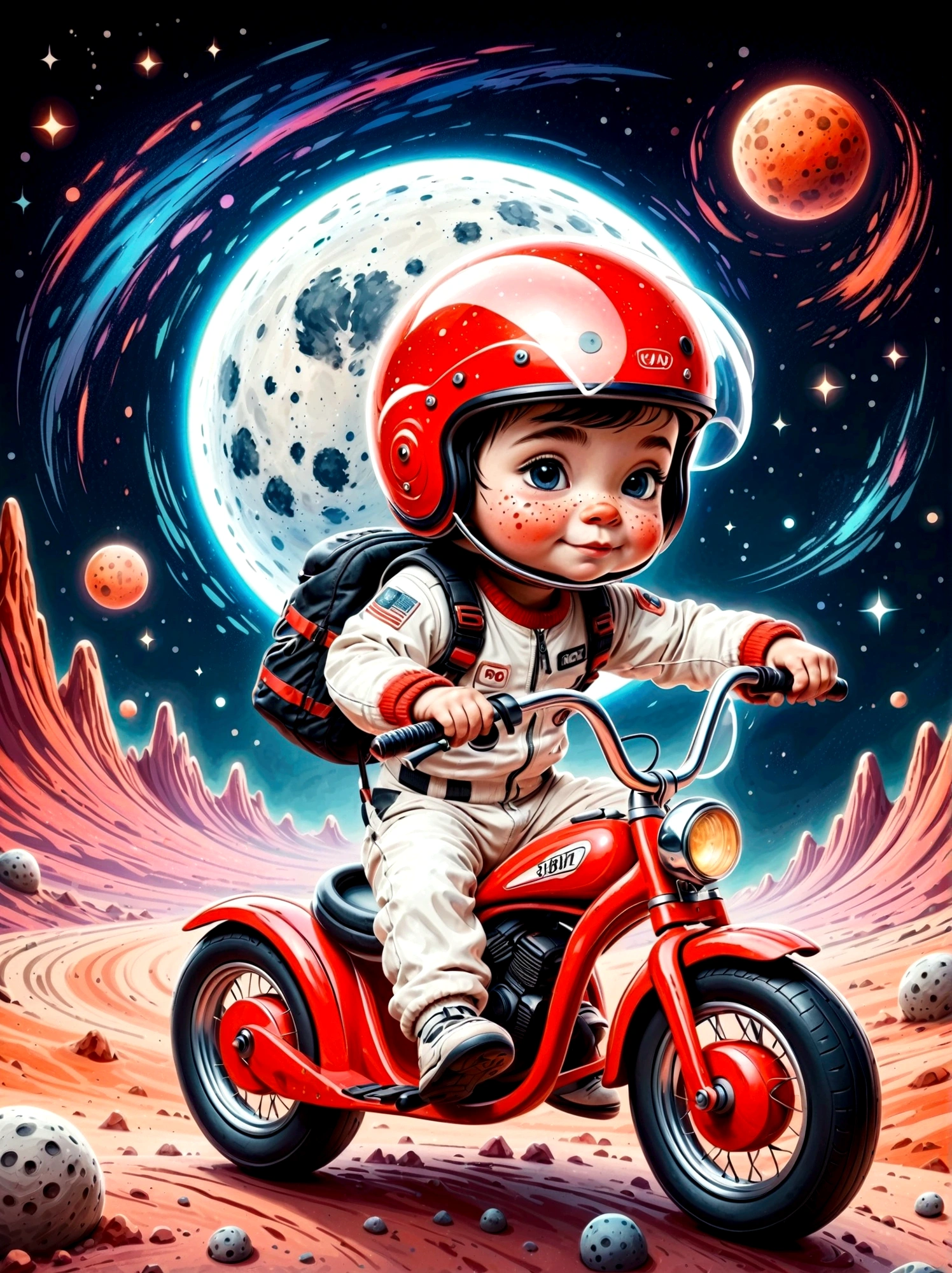 Visually impactful Q-version baby image,The details are portrayed vividly, Wearing a black visor, Wearing a crisp white suit with red shoulder straps, The cute hero rides a children's tricycle with large grippy tires, Exploring the lunar surface, The background shows a stunning galaxy filled with stars and cosmic wonders, The color palette is in red, orange and black tones and has a sketchy style, The background should have a simple hand-drawn doodle pattern