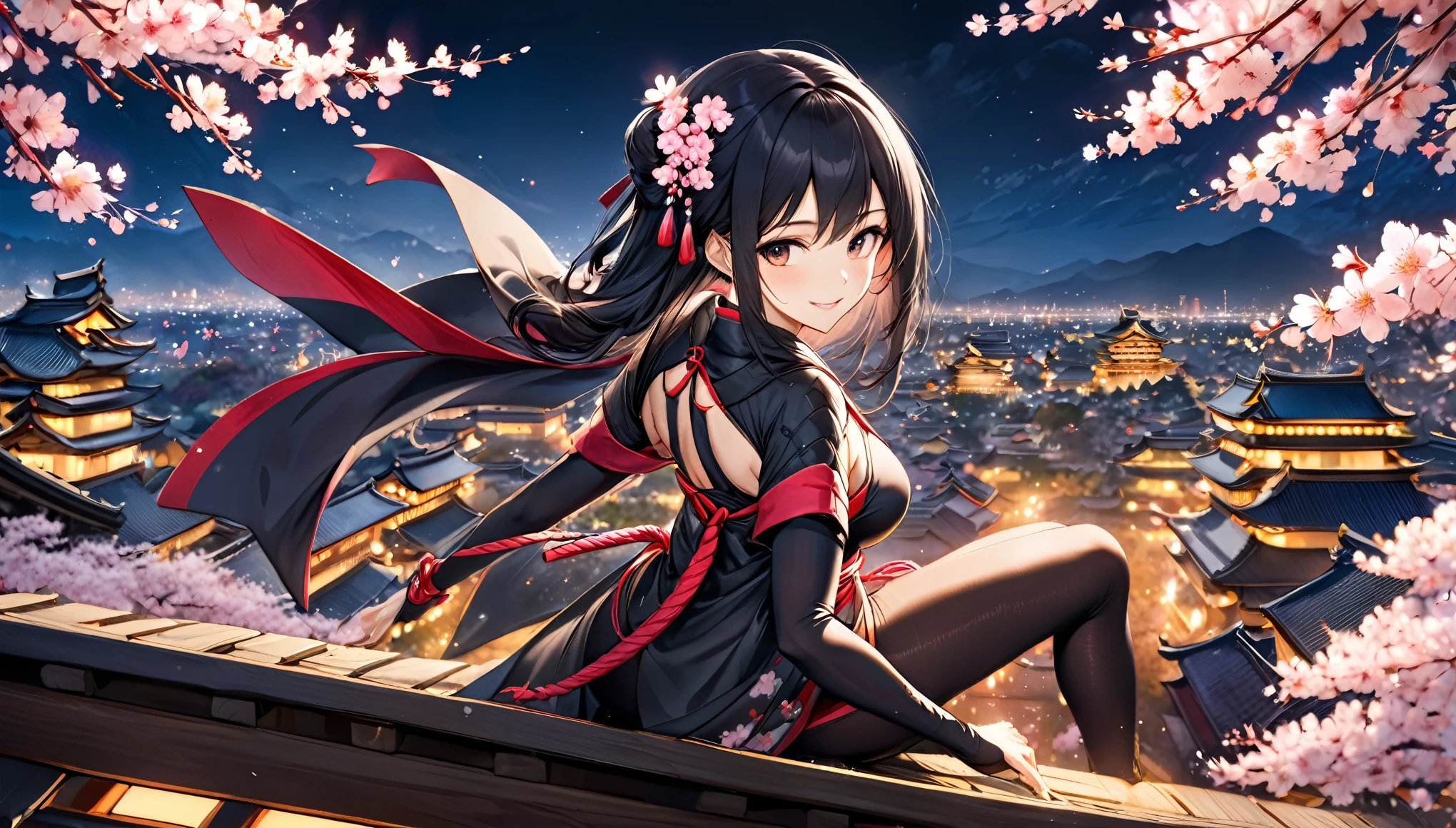 (highest quality, 8k, 32k, masterpiece, Ultra-high resolution),Movies Stills Photogenic ,Adult women, beautiful,petal, good looking, Only 1 person,Female ninja with shoulder blades, Asian, Long black hair, tights, Ninja costume, Cherry blossom background, Japan,On the roof of Nagoya Castle,Cherry Blossoms at Night,Fearless smile