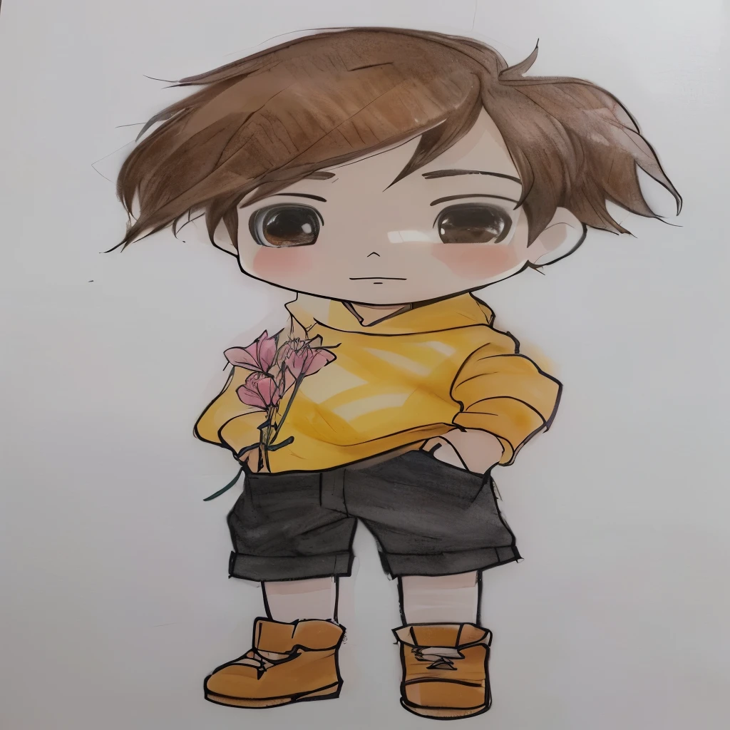 a drawing of a boy with a flower in his hand, inspirado em Inoue Naohisa, retrato de corpo inteiro de um curta!, menino anime, fofo de desenho animado, personagem de desenho animado fofo, estilo chibi, em estilo anime, personagem fofo, arte chibi, inspirado em Junpei Satoh, anime chibi, rich aquarium, retrato de um pequeno personagem, no estilo anime