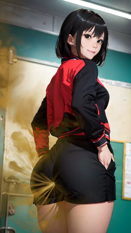 ((velocity)),Attacked by farts, (((Women farting))),(girl farting while stand)),smiled,velocity,(a female sports teacher),(wearing a short pants and a sport jacket),(),(view from behind) (short hair black hair),(Asian woman),(schoolyard),(masterpiece:1.2、top-quality)、(the Extremely Detailed CG Unity 8K Wallpapers、ultra-detailliert、Best Shadows)、(Detailed background)、(The best lighting、extremely delicate and beautiful)、depth of fields、1girl in、report、upward looking gaze、
