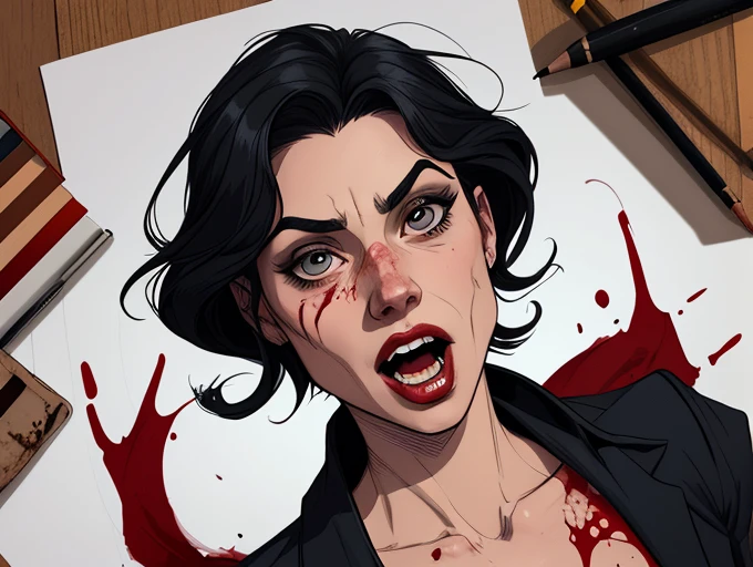 Criminal blood count Dracula man character with black hair cartoon image of a cartoon style illustration, estilo de arte dos desenhos animados, estilo de arte dos desenhos animados, open mouth with vampire teeth stained with criminal blood Digital illustration style, design de personagens altamente detalhado, arte digital detalhada fofa, trevas e sangue, Design de personagens de retrato, beautiful digital illustration, retrato de alta qualidade, Arte em fundo branco suja de sangue criminoso