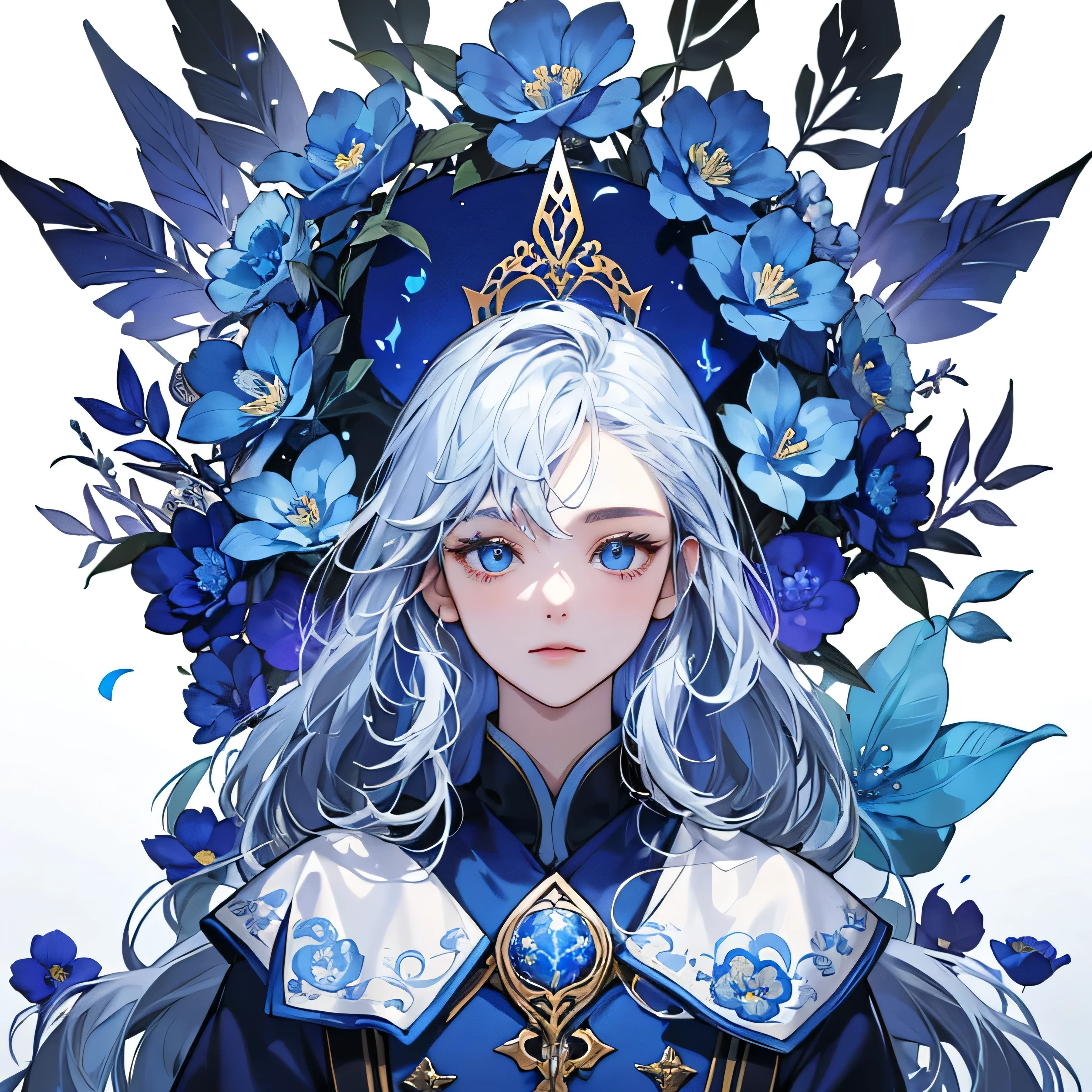 One Wolf、logo、White background only、emblem、14k、intricate and detailed、flame、blue、(((No humans)))、Detailed coat、Sparkling Eyes、Corporate logo、gold、Panorama、Long Shot、front、blue flower