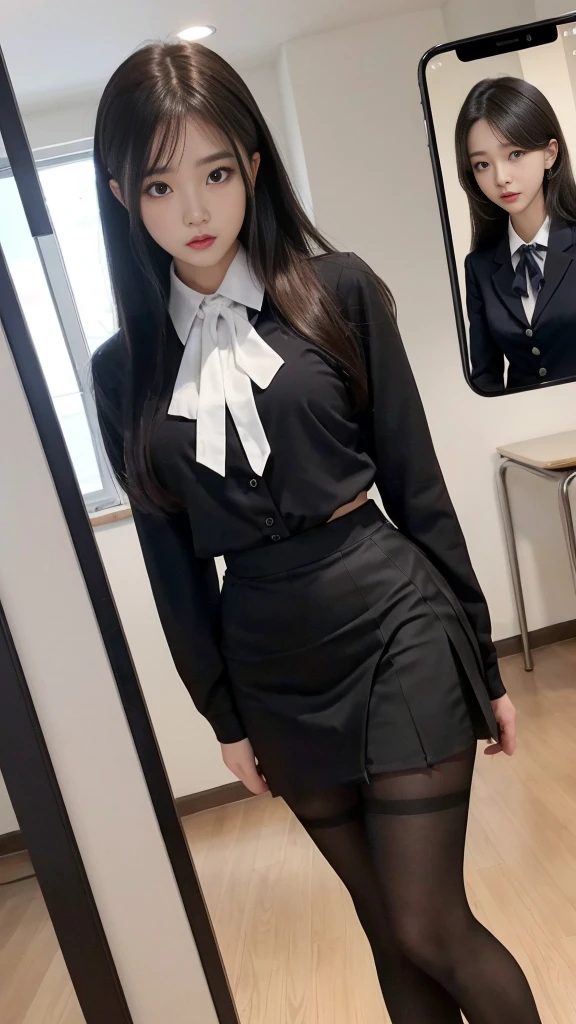  (high quality), (NSFW:1.2), (school _uniform :1.2), (split screen:1.3), (A delinquent:1.3),(girl's pantyhose:1.1), (girl's pencil skirt and blouses is short and tight), glamorous and mature high school girl and a Korean adult man enjoying a smartphone chat app, Her smartphone display shows a number of Korean adult men chatting to a high school girl., Their chat language is English, Men are waiting for her response, popup window, And there&#39;s a man, This man is requesting a chat with her on the smartphone screen. Chat takes place alternately between women and men..