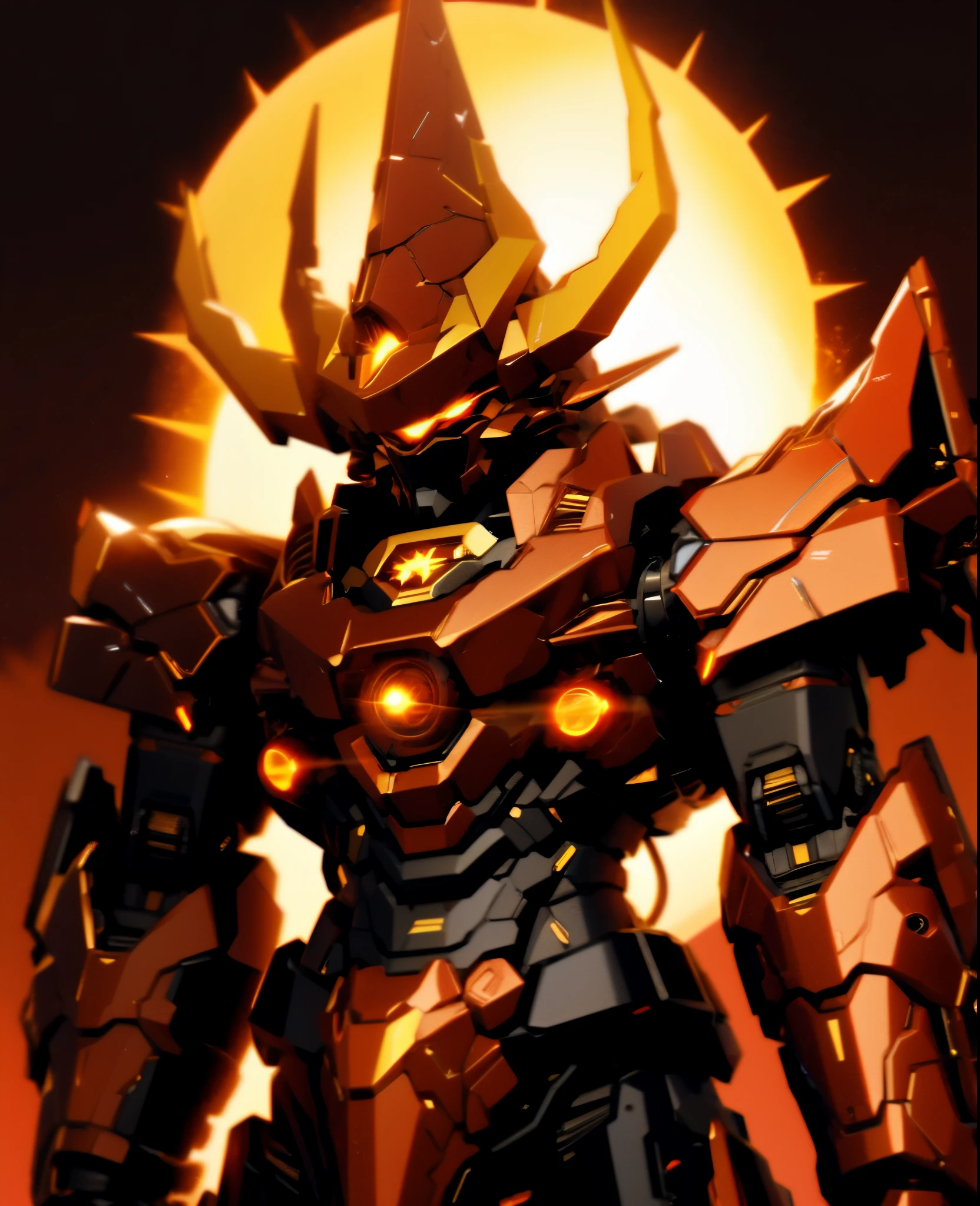 Robot, red mono eye, red body, high quality, golden horns on head, heavily armored,Robot, red mono eye, red body, high quality, golden horns on head, heavily armored, reddish-black shoulders, arm armor is an austere shade, sunset background,