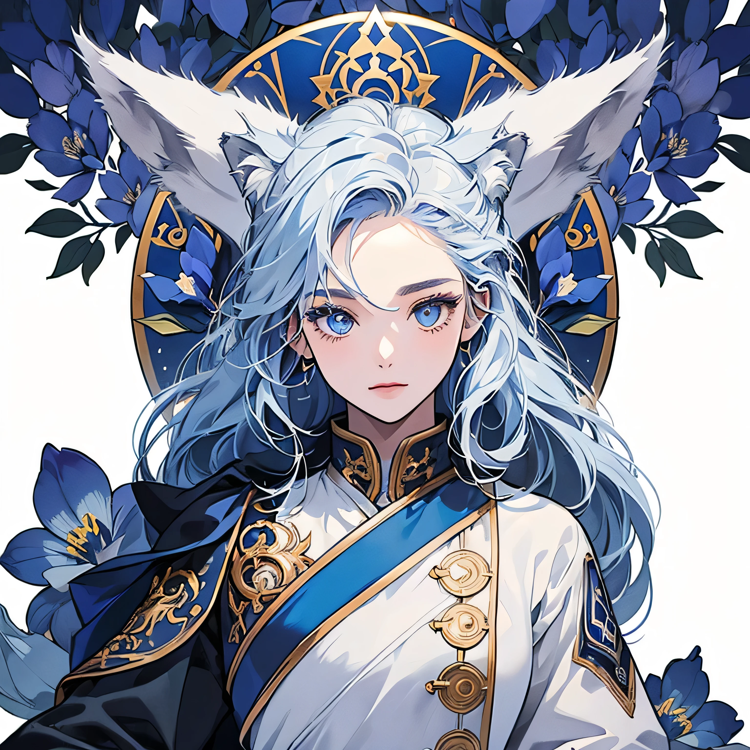 (((One Wolf)))、logo、White background only、emblem、14k、intricate and detailed、flame、blue、(((No humans)))、Detailed coat、Sparkling Eyes、Corporate logo、gold、Panorama、Long Shot、front、blue flower