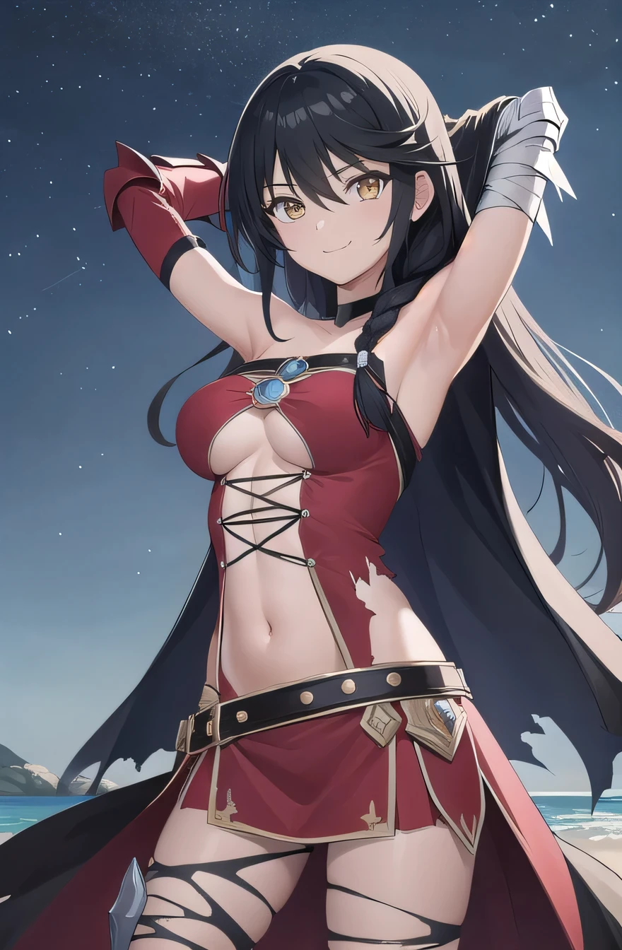 velvet_crowe, (masterpiece, best quality, detailed), 1girl, solo, looking at viewer, anime coloring, long hair, very long hair, medium breasts, choker, bandages, black choker, torn clothes, underboob, hair between eyes, bandaged arm, braid,
armor, breastplate, armored dress,  bodysuit, belt, gloves, shoulder armor, solo, (cowboy shot:1.5), beach, night sky, arms behind head, spread armpits, midriff, contrapposto, smile, closed mouth,