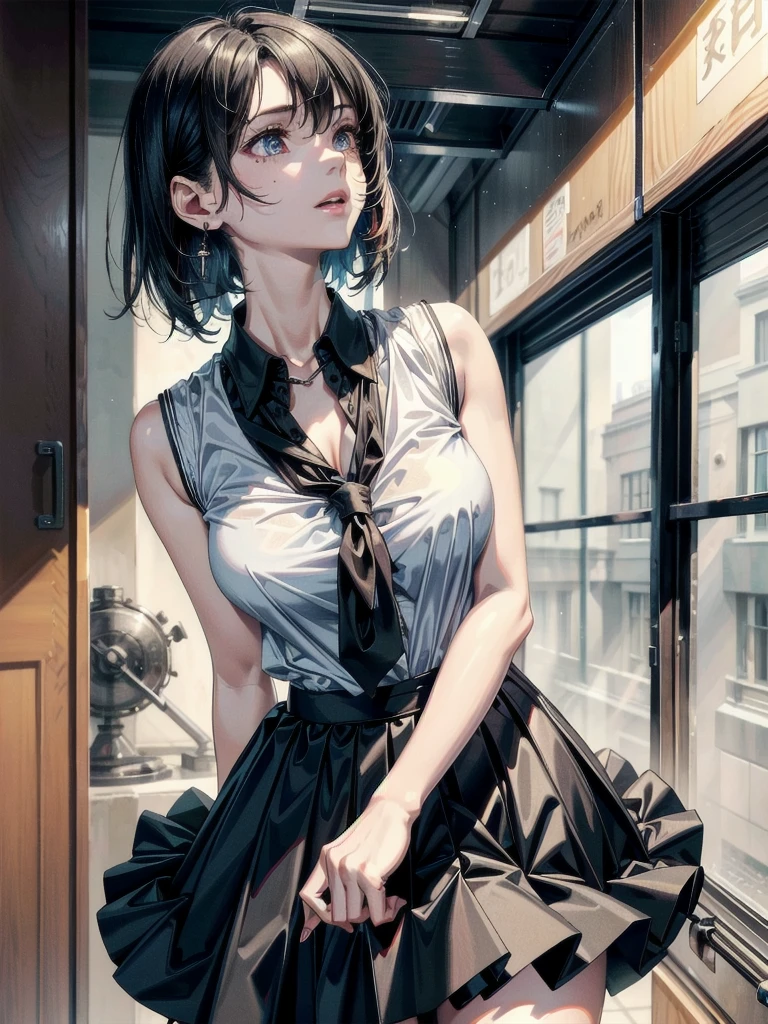 absurdres, RAW photo, extremely delicate, extremely beautiful, masterpiece, Best Quality, ultra high resolution, 32k, hyperrealistic, ultra-detailed description, perfect anatomy, correct body, ideal ratio of body proportions, colorful image, pale skin, 20 years old, detailed beautiful face, detailed beautiful face eyes, tearful mole, earring, short medium hair, black hair, medium tits, full body shot, ((school_uniform)), summer shirt, skirt, sleeveless,