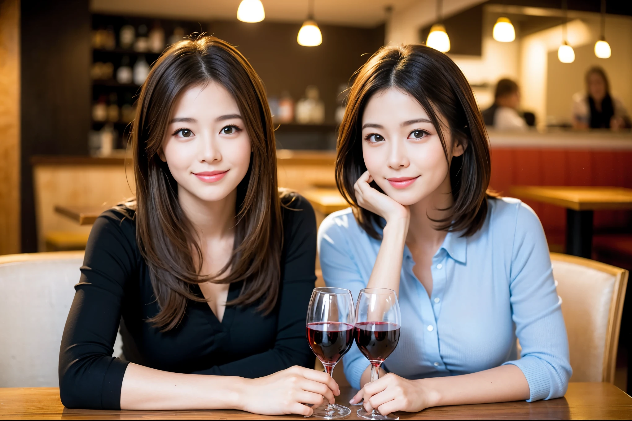 ((highest quality、8k、masterpiece:1.3))、Satomi Ishihara lookalike beauty、1 male、1 female、Couple、Spouse、half、The body is slim、((Bob Hale、Straight hair:1.2)), (Realistic, Intricate details:1.2), Wine glass on the table、Shine light on your face、 Amazing view of the sunset sky and clouds、Amazing mountain views、A bright smile、The wonderfulness of smile、Bright image、The beauty of wine, Beautiful Face, blue eyes, The light shines on your face, Blushing, short hair,Bright Face、 (Age 37), 39 years old, red wine 、Appetizers、Italian food、Wine bottle、Champagne、sparkling wine、Two beauties、Brown Hair、Shortcuts、Long sleeve shirt、dress、Pretty Woman 1, (Slim face), (The body is slim), (Brown Hair), (Shortcuts), cheeks turn a little red,Attractive beauty、restaurant, In a prominent place (From the waist up) Nova Frog Style, actress, model, Upper Body, White wine, slim, wine glass, A wine glass placed in the center, smile, (smile: 1.15), Beautiful fine grain, Depth f/2,saturation, High Contrast, Strong light and shadow,Moist Body:1.5、3D texture、Delicate eyes、Brown Hair、The hair is very shiny、