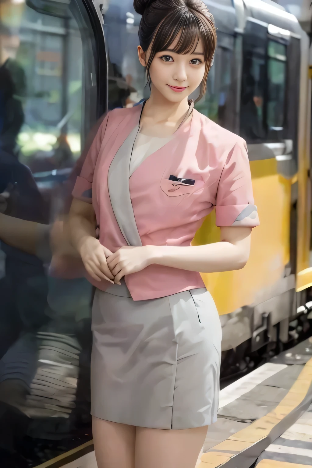 (masterpiece:1.2, highest quality:1.2), 32K HDR, High resolution, (alone、1 girl)、(On the rooftop of a building in the daytime、Professional Lighting)、Building rooftop background、(Nankai train crew uniform pinkを着たリアルスタイル)、(Nankai train crew uniform pink short sleeve pink jacket、Nankai Train Crew Uniform Pink Collarless Short Sleeve Blouse、Nankai Train Crew Uniform Pink Grey Knee-length Culottes)、Dark brown hair、(Hair tied up、Hair Bun、Hair Bun)、Dark brown hair、Long Shot、Big Breasts、Thin legs、((Great hands:2.0)),((Harmonious body proportions:1.5)),((Normal limbs:2.0)),((Normal finger:2.0)),((Delicate eyes:2.0)),((Normal eyes:2.0)))、smile、(Nankai Train Crew Uniform Pink Grey Knee-length Culottesを見せた美しい立ち姿)、neck naturally