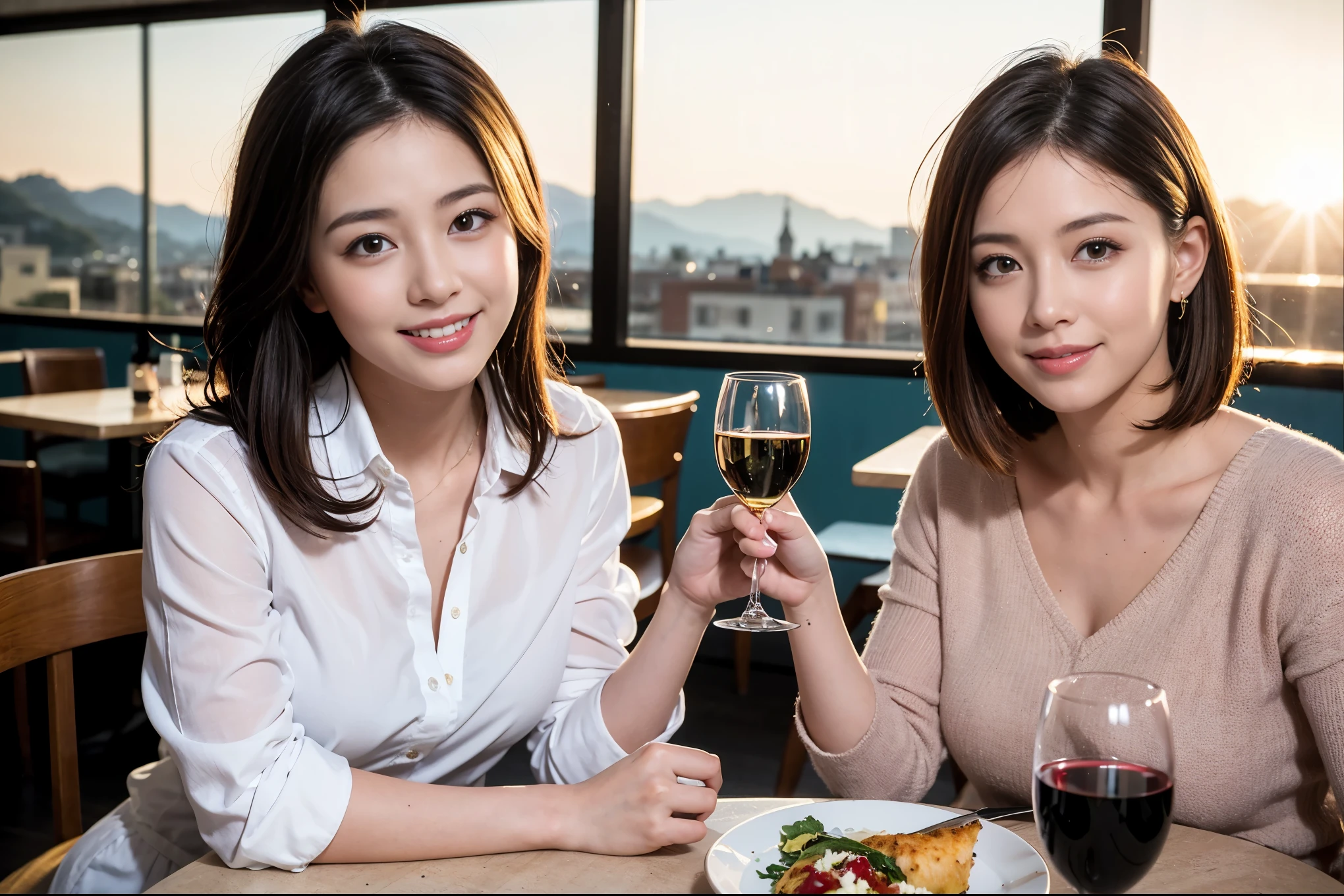 ((highest quality、8k、masterpiece:1.3))、Satomi Ishihara lookalike beauty、1 male、1 female、Couple、Spouse、half、The body is slim、((Bob Hale、Straight hair:1.2)), (Realistic, Intricate details:1.2), Wine glass on the table、Shine light on your face、 Amazing view of the sunset sky and clouds、Amazing mountain views、A bright smile、The wonderfulness of smile、Bright image、The beauty of wine, Beautiful Face, blue eyes, The light shines on your face, Blushing, short hair,Bright Face、 (Age 37), 39 years old, red wine 、Appetizers、Italian food、Wine bottle、Champagne、sparkling wine、Two beauties、Brown Hair、Shortcuts、Long sleeve shirt、dress、Pretty Woman 1, (Slim face), (The body is slim), (Brown Hair), (Shortcuts), cheeks turn a little red,Attractive beauty、restaurant, In a prominent place (From the waist up) Nova Frog Style, actress, model, Upper Body, White wine, slim, wine glass, A wine glass placed in the center, smile, (smile: 1.15), Beautiful fine grain, Depth f/2,saturation, High Contrast, Strong light and shadow,Moist Body:1.5、3D texture、Delicate eyes、Brown Hair、The hair is very shiny、