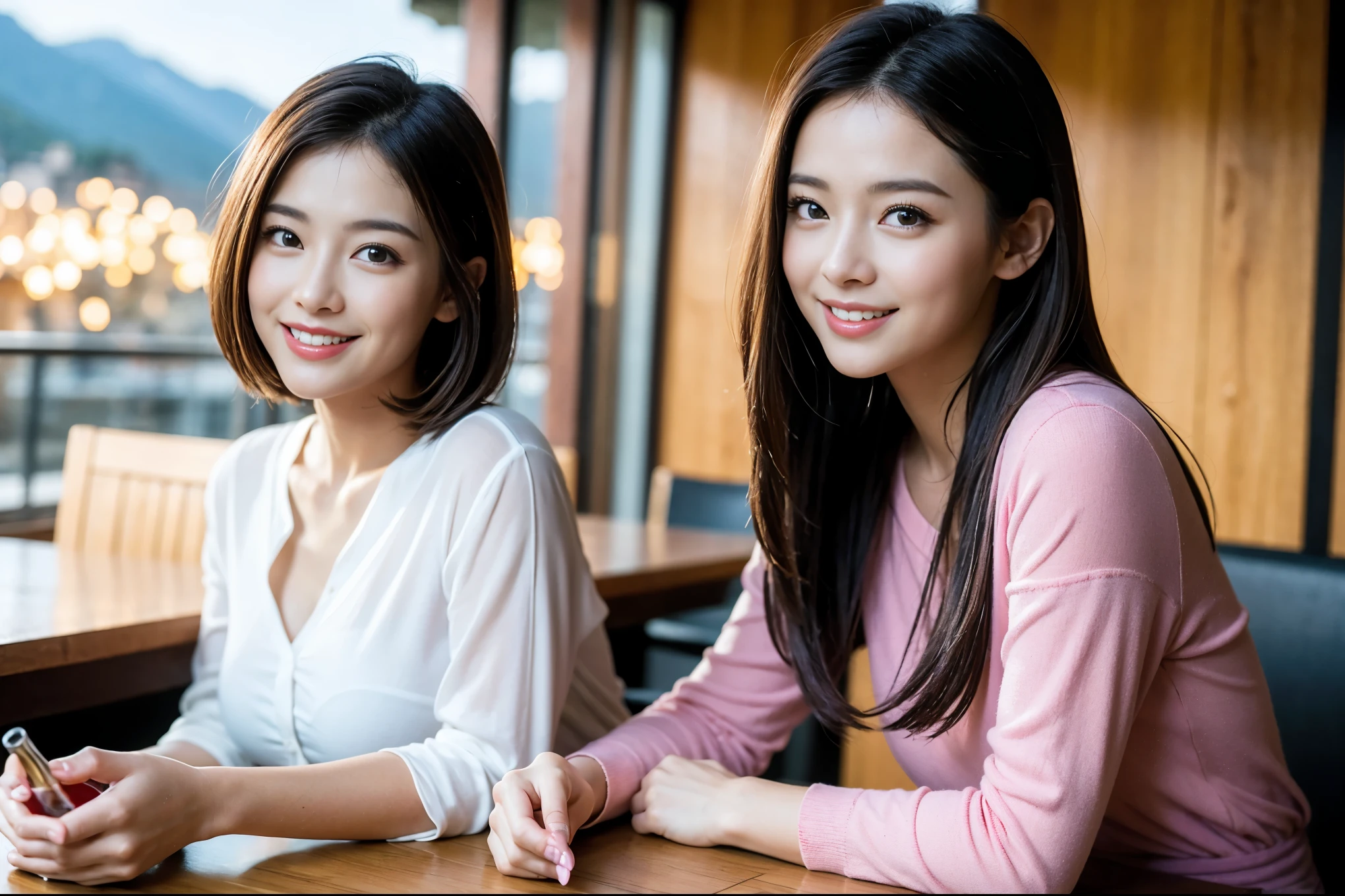 ((highest quality、8k、masterpiece:1.3))、Satomi Ishihara lookalike beauty、1 male、1 female、Couple、Spouse、half、The body is slim、((Bob Hale、Straight hair:1.2)), (Realistic, Intricate details:1.2), Wine glass on the table、Shine light on your face、 Amazing view of the sunset sky and clouds、Amazing mountain views、A bright smile、The wonderfulness of smile、Bright image、The beauty of wine, Beautiful Face, blue eyes, The light shines on your face, Blushing, short hair,Bright Face、 (Age 37), 39 years old, red wine 、Appetizers、Italian food、Wine bottle、Champagne、sparkling wine、Two beauties、Brown Hair、Shortcuts、Long sleeve shirt、dress、Pretty Woman 1, (Slim face), (The body is slim), (Brown Hair), (Shortcuts), cheeks turn a little red,Attractive beauty、restaurant, In a prominent place (From the waist up) Nova Frog Style, actress, model, Upper Body, White wine, slim, wine glass, A wine glass placed in the center, smile, (smile: 1.15), Beautiful fine grain, Depth f/2,saturation, High Contrast, Strong light and shadow,Moist Body:1.5、3D texture、Delicate eyes、Brown Hair、The hair is very shiny、