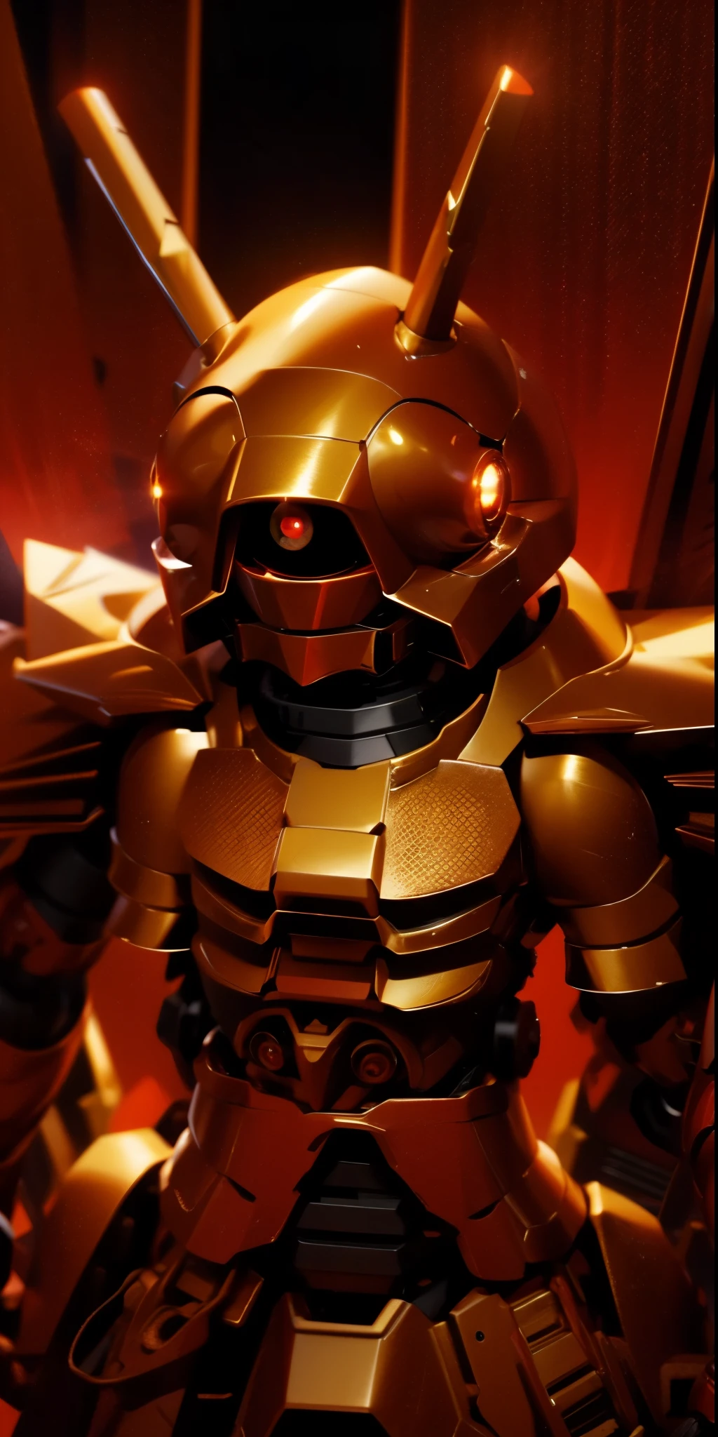 Robot, red mono eye, red body, high quality, golden horns on head, heavily armored,Robot, red mono eye, red body, high quality, golden horns on head, heavily armored, reddish-black shoulders, arm armor is an austere shade, sunset background,