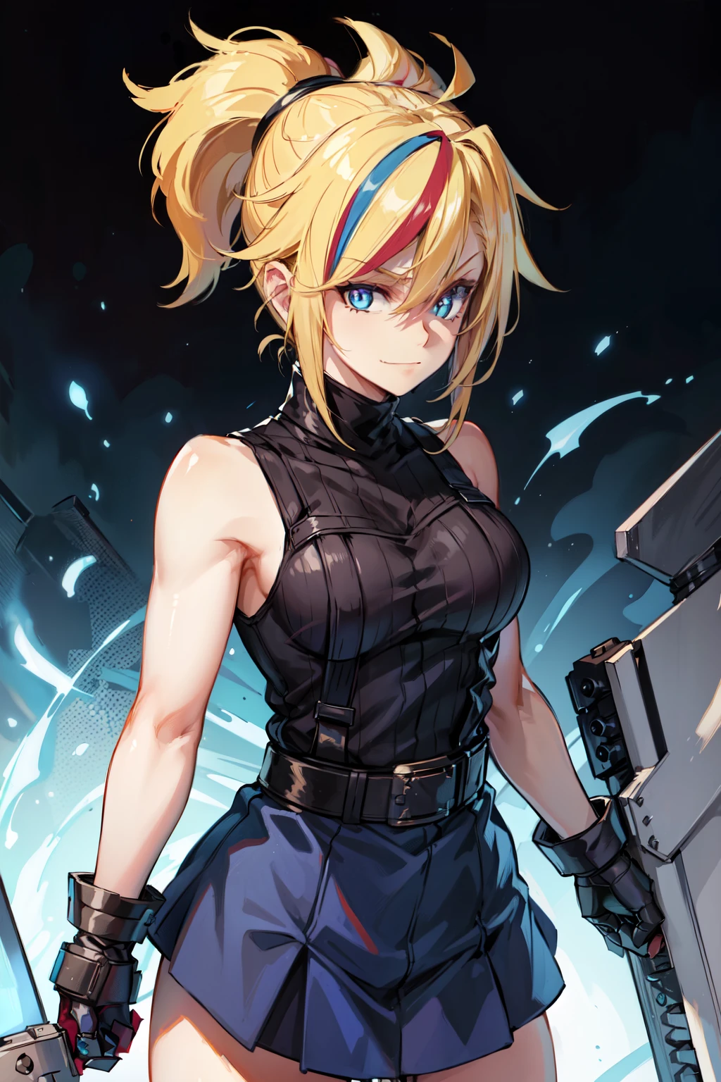 (masterpiece, best quality:1.2), Blue glowing eyes, perfect face, highres, 1 girl, solo, ultra long ponytail, (female:1.5), strife, blonde hair, shoulder armor, sleeveless turtleneck, suspenders, belt, gloves, bracer, evil smile, standing, portrait, looking at viewer, giant sword on the back