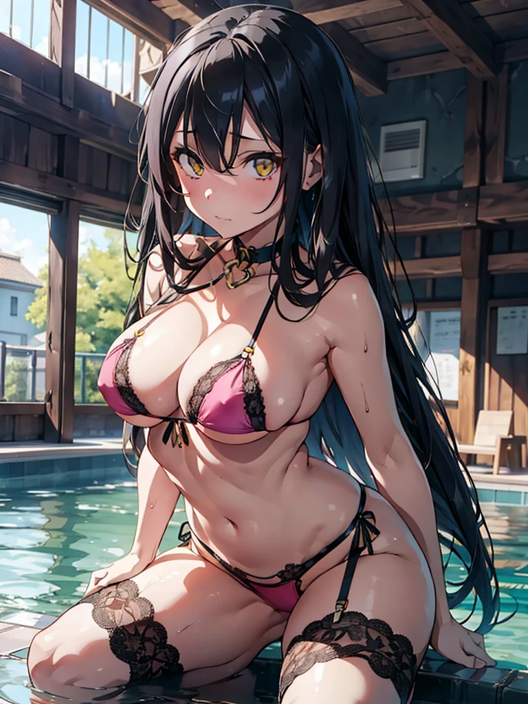 masutepiece, Detailed, Best Quality, Beautiful Girl, very small lace translucent bikini, Shackles, stock, Troubled face, big pool (prison), black hair sexy girl 1girl in, albedo from overlord character, blonde female, Blunt bangs, Big breasts, Amused expression, Looking at Viewer, big butt, mature body, very big , dark pink eyes, small thong, erotic pose, big butt, full body picture, cameltoe, lace lingerie, yellow eyes, nsfw