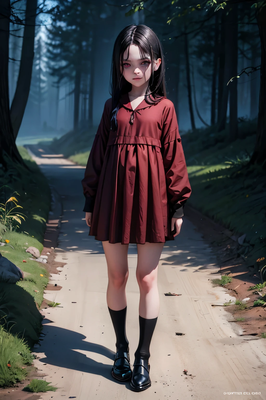  8k, ultra detailed, soft lighting, cartoon, best quality, trending on artstation,nice art,perfect art,nice detailed art,nice detailed body,nice detailed face,best quality, 8k, best quality, ultra-detailed , 8K, HD, a 13 years old teenage girl.There was a  standing in a darkwood,Horror ,looking the camera,atmospheric cinematic lighting,violet bright eyes,cinematic Red lighting, [ horror game ], Scary cinematic lighting, Atmospheric, atmospheric artwork, Sinister dark aura, sistem virus horror, detailed 4k horror artwork,
full body,red short hair,dark forest background,scar face,smile,creepy,fantasy art 8k,masterpiece,score_9,score_8,score_7,score_8_up,score_7_up,score_6_up,cartoon, best quality, trending on artstation,sinister,lurid,wraith,scarlet witch,Little kid girl, wearing black-and-red, mummy-like tattered,, with ancient markings,  (glowing violet eyes), high detail, dramatic,,lurid,necromace,all wraith control