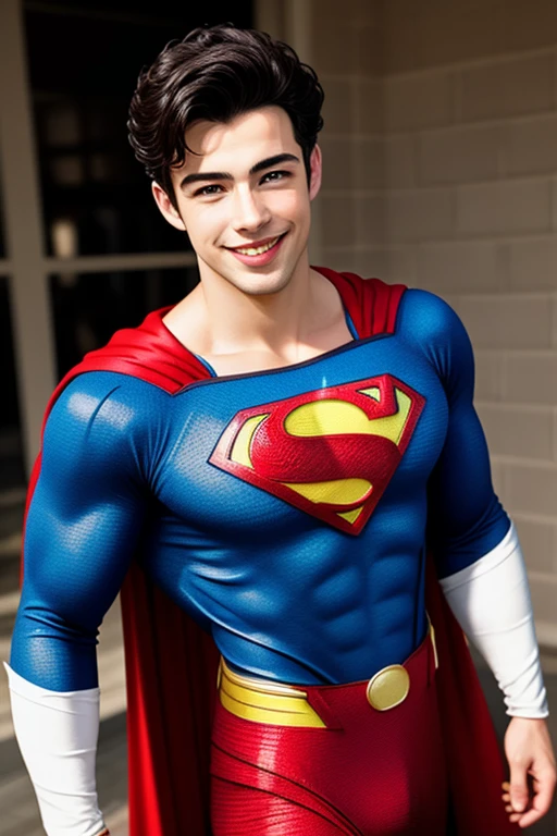 Half body shot head to toe photorealistic handsome Hunky young Shaun Mendes as Superman. smiling,,camera focus face front..