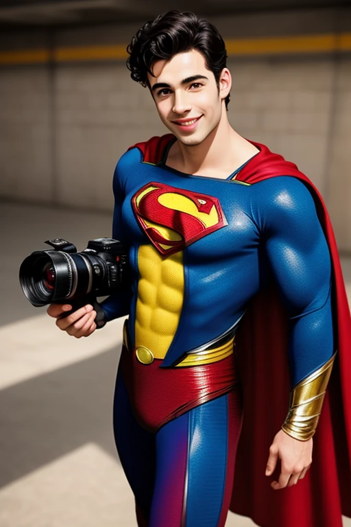Half body shot head to toe photorealistic handsome Hunky young Shaun Mendes as Superman. smiling,,camera focus face front..
