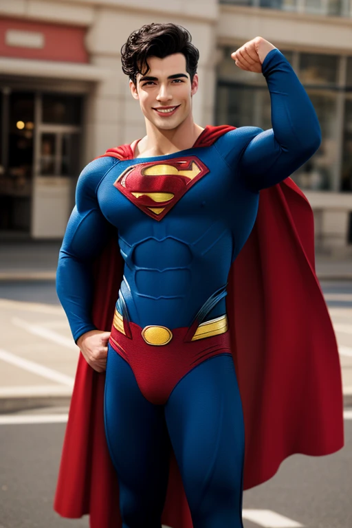 Half body shot head to toe photorealistic handsome Hunky young Shaun Mendes as Superman. smiling,,camera focus face front..