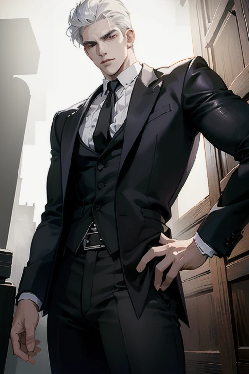 (masterpiece, best quality:1.2), (absurd res, high res, ultra detailed), 1 male, adult, handsome, tall muscular guy, broad shoulders, white hair, finely detailed eyes, portrait, looking at viewer, solo, half shot, detailed background, detailed face, (gothic), smirk, vampire, dark leather, high fantasy,, stealth, undercover, (crates in background), shadows, fog, (dutch angle), closed mouth, black pants