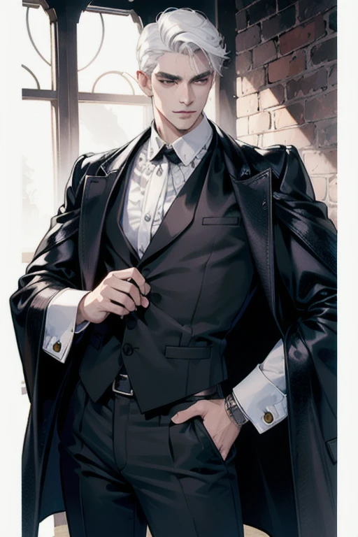 (masterpiece, best quality:1.2), (absurd res, high res, ultra detailed), 1 male, adult, handsome, tall muscular guy, broad shoulders, white hair, finely detailed eyes, portrait, looking at viewer, solo, half shot, detailed background, detailed face, (gothic), smirk, vampire, dark leather, high fantasy,, stealth, undercover, (crates in background), shadows, fog, (dutch angle), closed mouth, black pants
