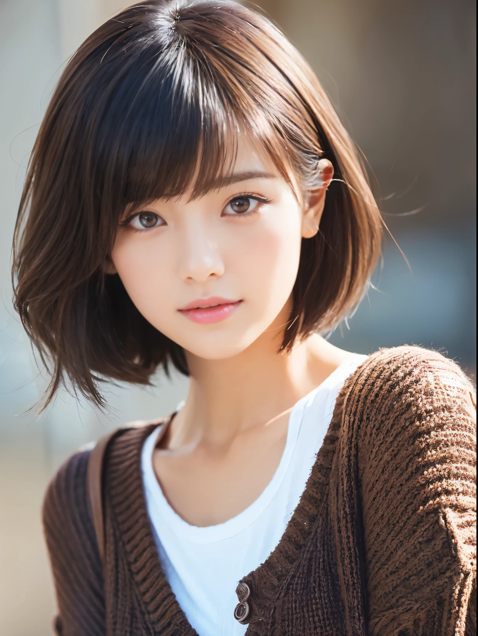 semi-realistic anime style、Slim girl with cute short cuts、Wear a miniskirt、Wear a sweater、Good style,Cute eyes、The hair is smooth and soft、double eyelid