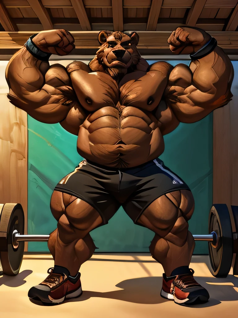 solo, 2boys, beach, size different, chubby Grizzly Bear adventure in the gym, brown fur, thick arm, huge arm, bearded. brown hair and brown beard, bearded, muscular, pectoral, wide pectoral, realistic, 8k, masterpiece, (wearing black shorts, wristbands and shirtless:1.3, topless, shoes) stretching his body muscles ((extremely muscle size, super thick arms, huge back, thick brown fur, extremely wide back and shoulder , huge arms)). and add details to make it attractive and interesting. Add textures and details to make the image more realistic, such as the appearance of the body built muscles texture and the appearance of the skin. Make sure the resulting image is high resolution, 8K quality.", simple background, masterpiece, high detailed, 8k, high resolution