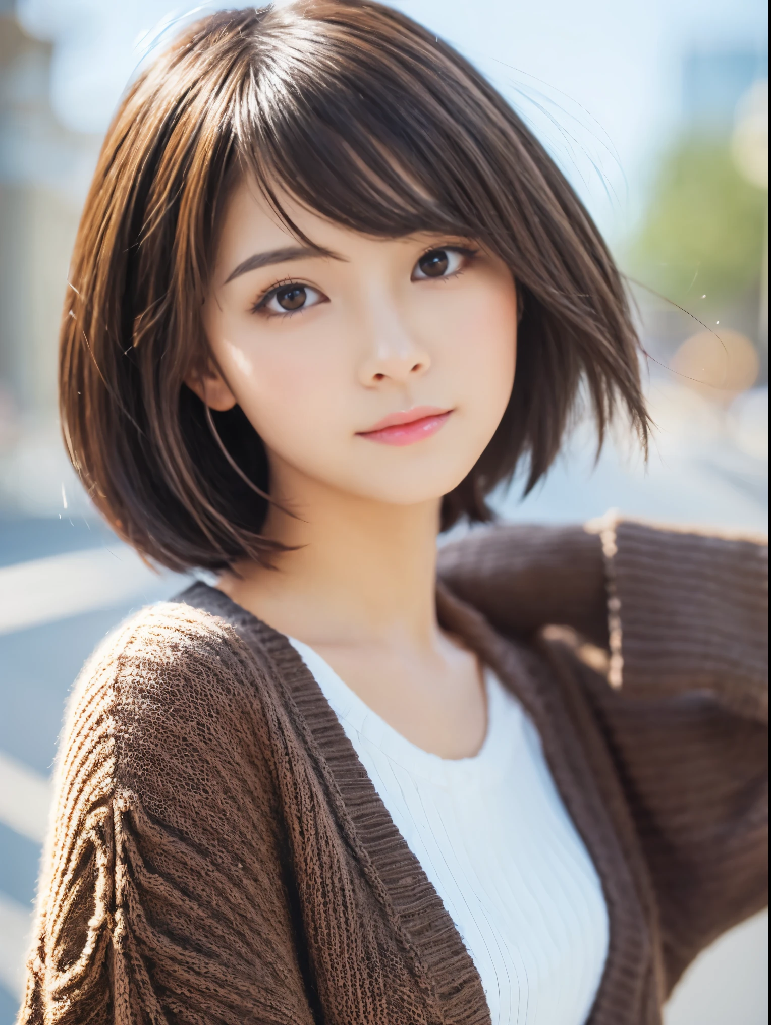 semi-realistic anime style、Slim girl with cute short cuts、Wear a miniskirt、Wear a sweater、Good style,Cute eyes、The hair is smooth and soft、double eyelid
