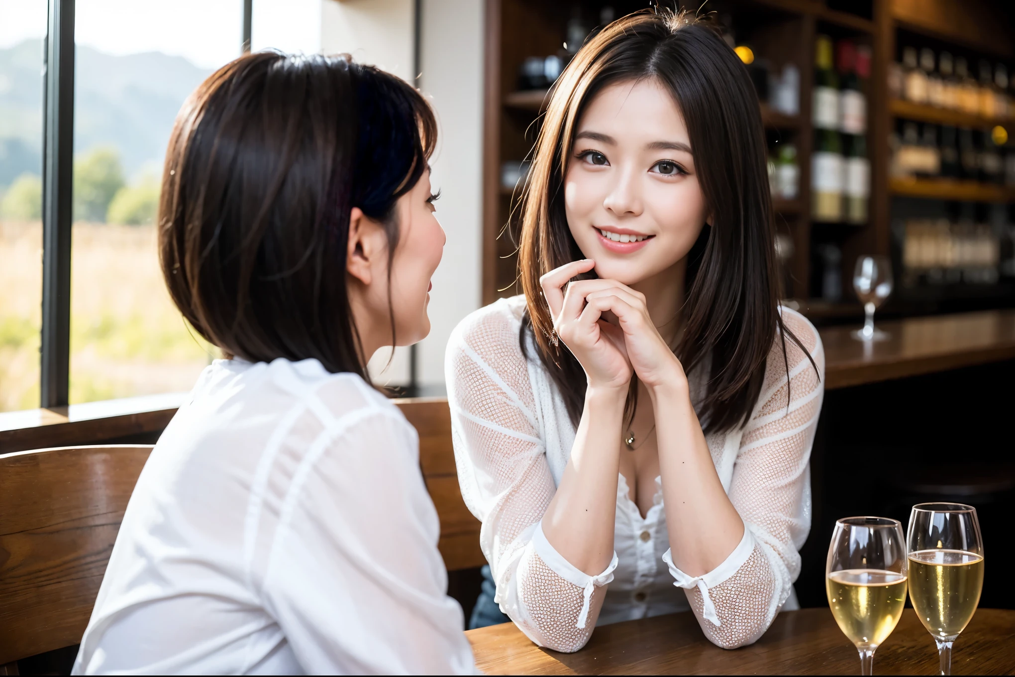 ((highest quality、8k、masterpiece:1.3))、Satomi Ishihara lookalike beauty、1 male、1 female、Couple、Spouse、half、The body is slim、((Bob Hale、Straight hair:1.2)), (Realistic, Intricate details:1.2), Wine glass on the table、Shine light on your face、 Amazing view of the sunset sky and clouds、Amazing mountain views、A bright smile、The wonderfulness of smile、Bright image、The beauty of wine, Beautiful Face, blue eyes, The light shines on your face, Blushing, short hair,Bright Face、 (Age 37), 39 years old, red wine 、Appetizers、Italian food、Wine bottle、Champagne、sparkling wine、Two beauties、Brown Hair、Shortcuts、Long sleeve shirt、dress、Pretty Woman 1, (Slim face), (The body is slim), (Brown Hair), (Shortcuts), cheeks turn a little red,Attractive beauty、restaurant, In a prominent place (From the waist up) Nova Frog Style, actress, model, Upper Body, White wine, slim, wine glass, A wine glass placed in the center, smile, (smile: 1.15), Beautiful fine grain, Depth f/2,saturation, High Contrast, Strong light and shadow,Moist Body:1.5、3D texture、Delicate eyes、Brown Hair、The hair is very shiny、