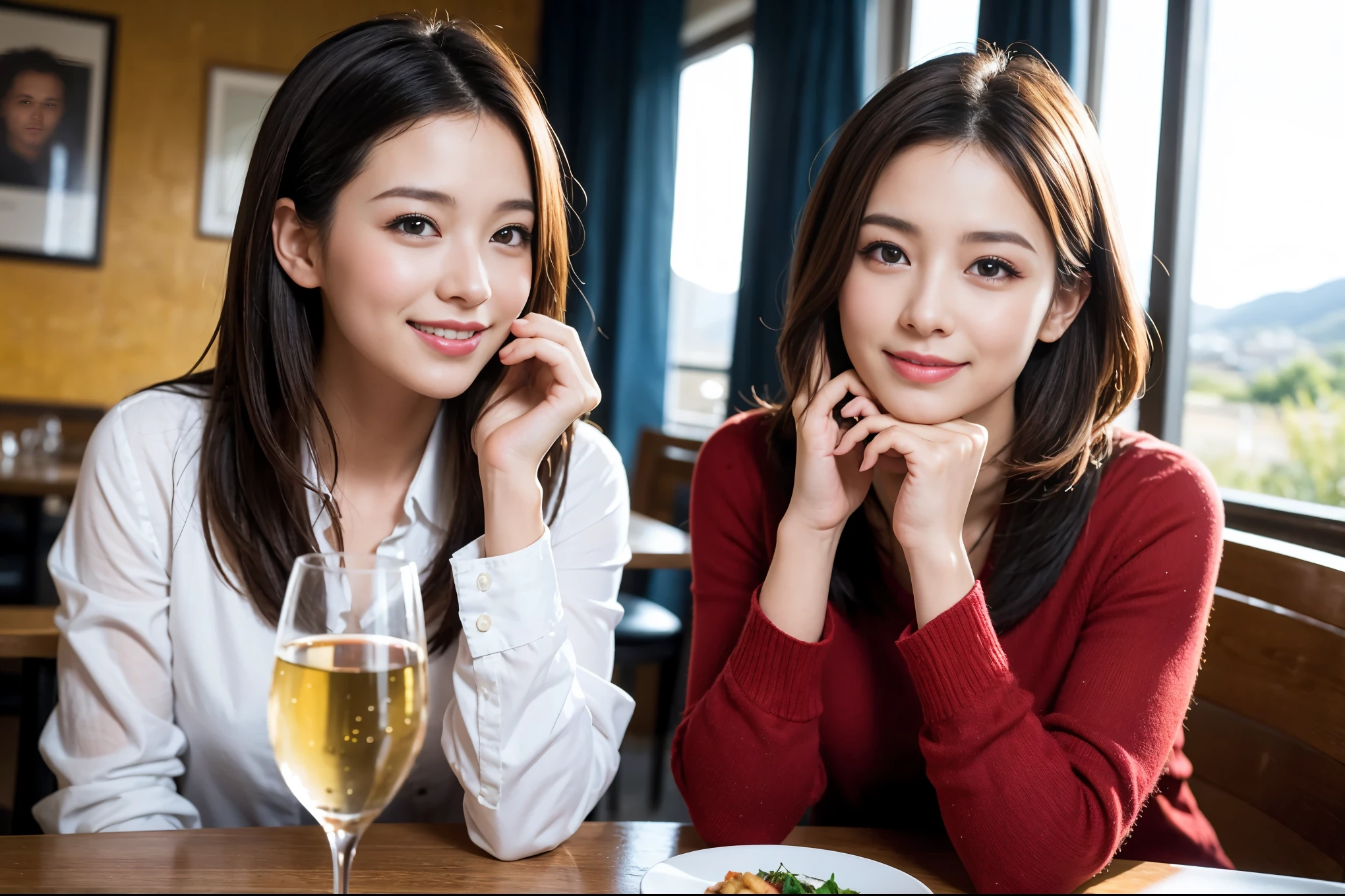 ((highest quality、8k、masterpiece:1.3))、Satomi Ishihara lookalike beauty、1 male、1 female、Couple、Spouse、half、The body is slim、((Bob Hale、Straight hair:1.2)), (Realistic, Intricate details:1.2), Wine glass on the table、Shine light on your face、 Amazing view of the sunset sky and clouds、Amazing mountain views、A bright smile、The wonderfulness of smile、Bright image、The beauty of wine, Beautiful Face, blue eyes, The light shines on your face, Blushing, short hair,Bright Face、 (Age 37), 39 years old, red wine 、Appetizers、Italian food、Wine bottle、Champagne、sparkling wine、Two beauties、Brown Hair、Shortcuts、Long sleeve shirt、dress、Pretty Woman 1, (Slim face), (The body is slim), (Brown Hair), (Shortcuts), cheeks turn a little red,Attractive beauty、restaurant, In a prominent place (From the waist up) Nova Frog Style, actress, model, Upper Body, White wine, slim, wine glass, A wine glass placed in the center, smile, (smile: 1.15), Beautiful fine grain, Depth f/2,saturation, High Contrast, Strong light and shadow,Moist Body:1.5、3D texture、Delicate eyes、Brown Hair、The hair is very shiny、