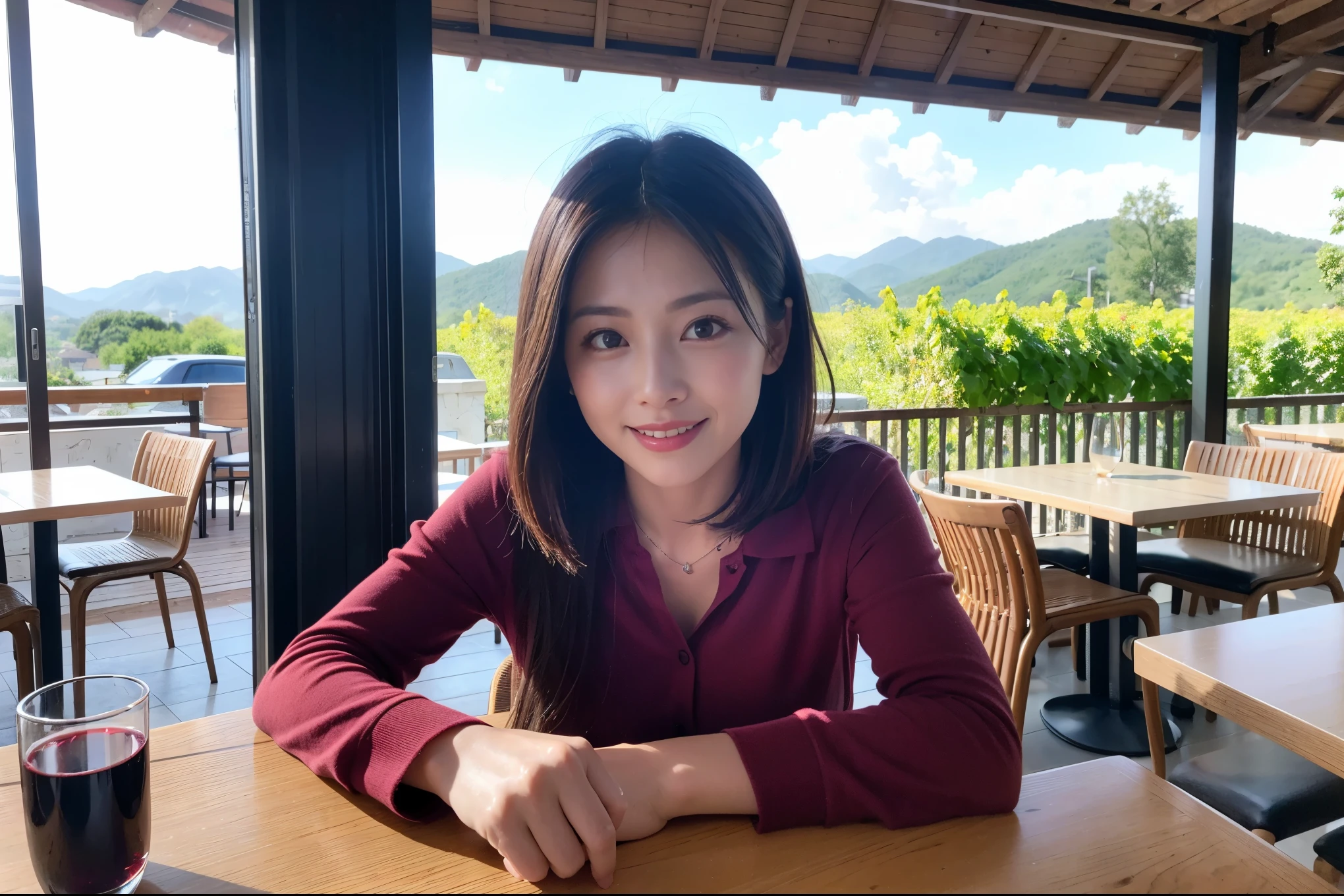 ((highest quality、8k、masterpiece:1.3))、Satomi Ishihara lookalike beauty、1 male、1 female、Couple、Spouse、half、The body is slim、((Bob Hale、Straight hair:1.2)), (Realistic, Intricate details:1.2), Wine glass on the table、Shine light on your face、 Amazing view of the sunset sky and clouds、Amazing mountain views、A bright smile、The wonderfulness of smile、Bright image、The beauty of wine, Beautiful Face, blue eyes, The light shines on your face, Blushing, short hair,Bright Face、 (Age 37), 39 years old, red wine 、Appetizers、Italian food、Wine bottle、Champagne、sparkling wine、Two beauties、Brown Hair、Shortcuts、Long sleeve shirt、dress、Pretty Woman 1, (Slim face), (The body is slim), (Brown Hair), (Shortcuts), cheeks turn a little red,Attractive beauty、restaurant, In a prominent place (From the waist up) Nova Frog Style, actress, model, Upper Body, White wine, slim, wine glass, A wine glass placed in the center, smile, (smile: 1.15), Beautiful fine grain, Depth f/2,saturation, High Contrast, Strong light and shadow,Moist Body:1.5、3D texture、Delicate eyes、Brown Hair、The hair is very shiny、