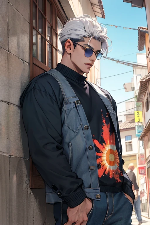 Realista,(A obra-prima,Qualidade Superior,melhor qulity,arte oficial),Muito detalhado,colorido,mais detalhado,DEUS,cabelos mais curtos,cabelos de cor preta,homem bonito,gargantilha,manga curta,periferia,sun glasses, terno